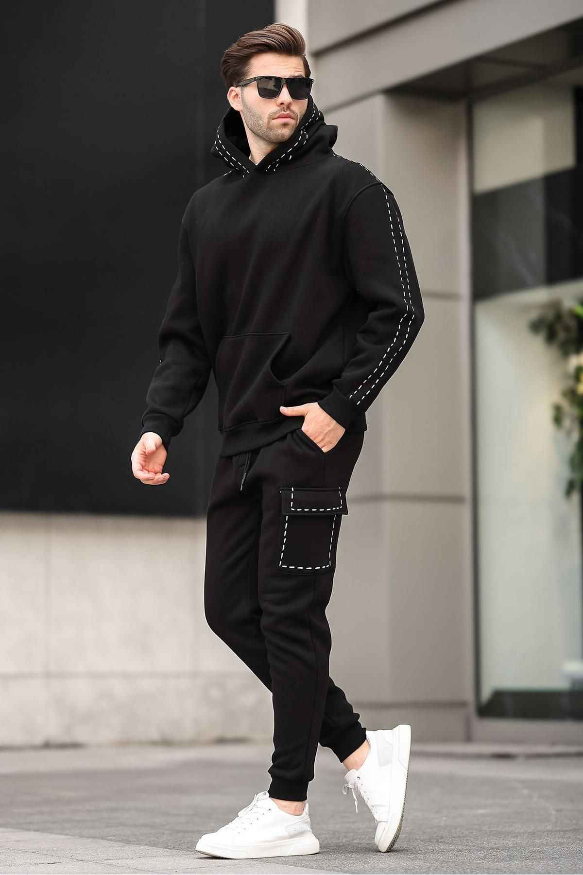 ست لباس ورزشی مردانه کلاهدار خاکستری رنگ شده با پاهای الاستیک