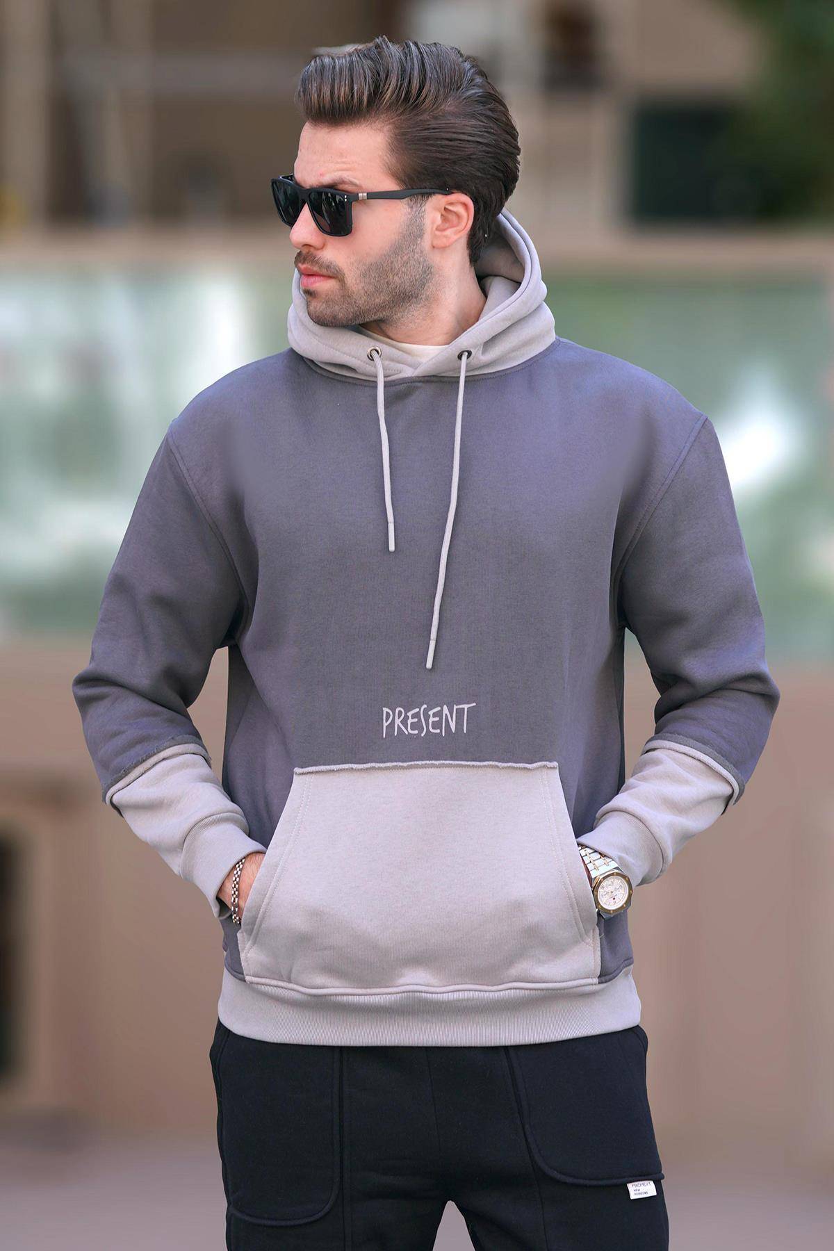 سویشرت مردانه کلاهدار قهوه ای تلخ با جزئیات جیب چاپ شده