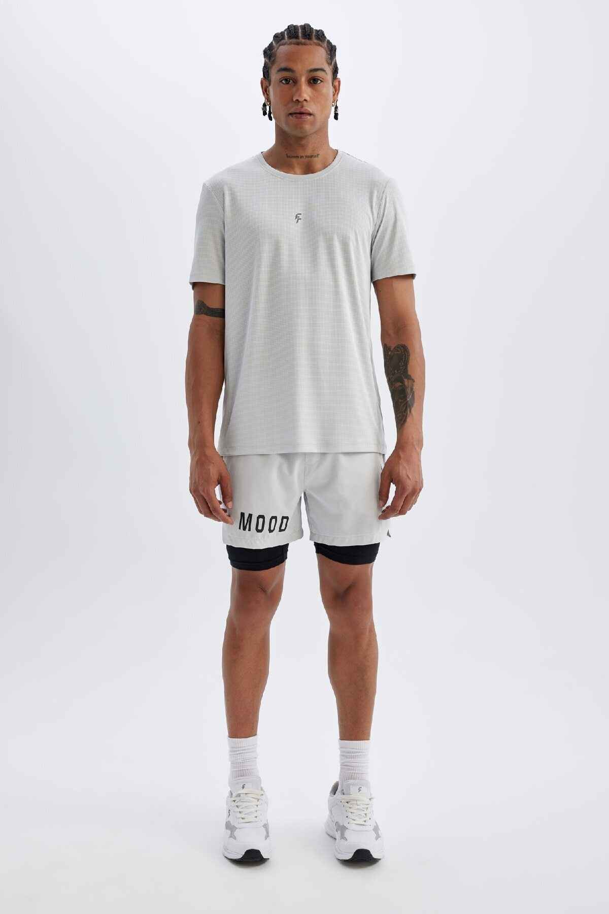 شورت جوراب شلواری باریک DeFactoFit خاکستری با جیب تلفن زیپ دار