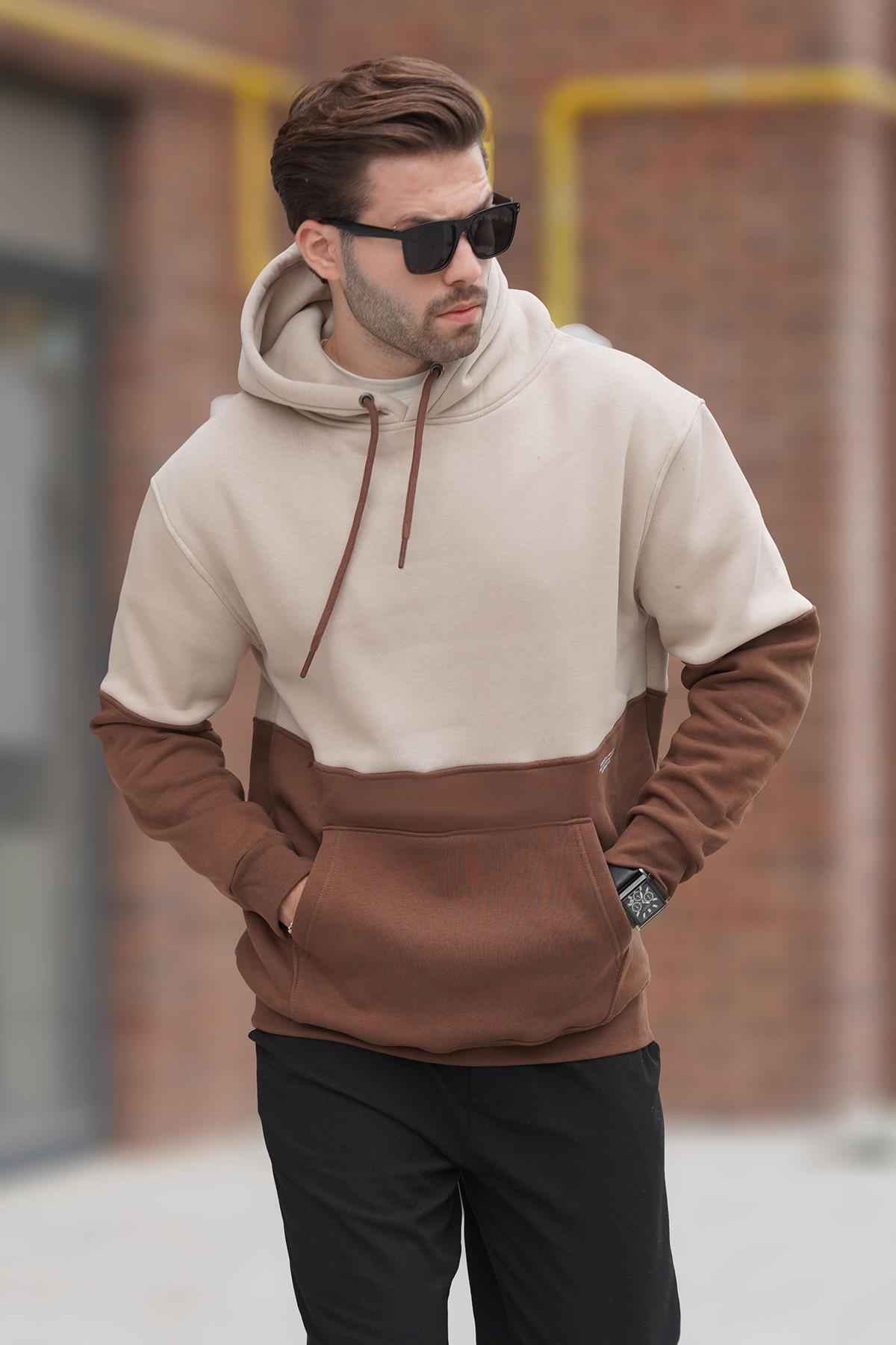 سویشرت مردانه کلاهدار مشکی با جزئیات چاپ بلوک رنگی 7046