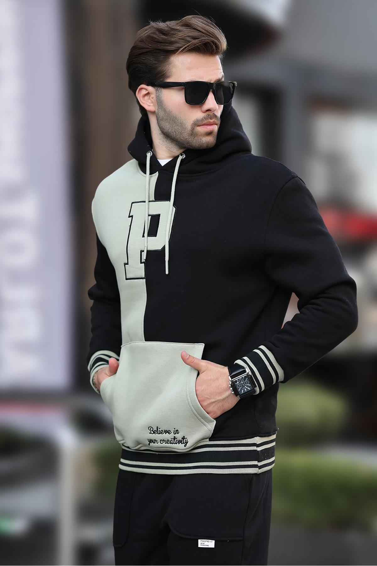 سویشرت مردانه چاپ شده کلاهدار بلوک آنتراسیت