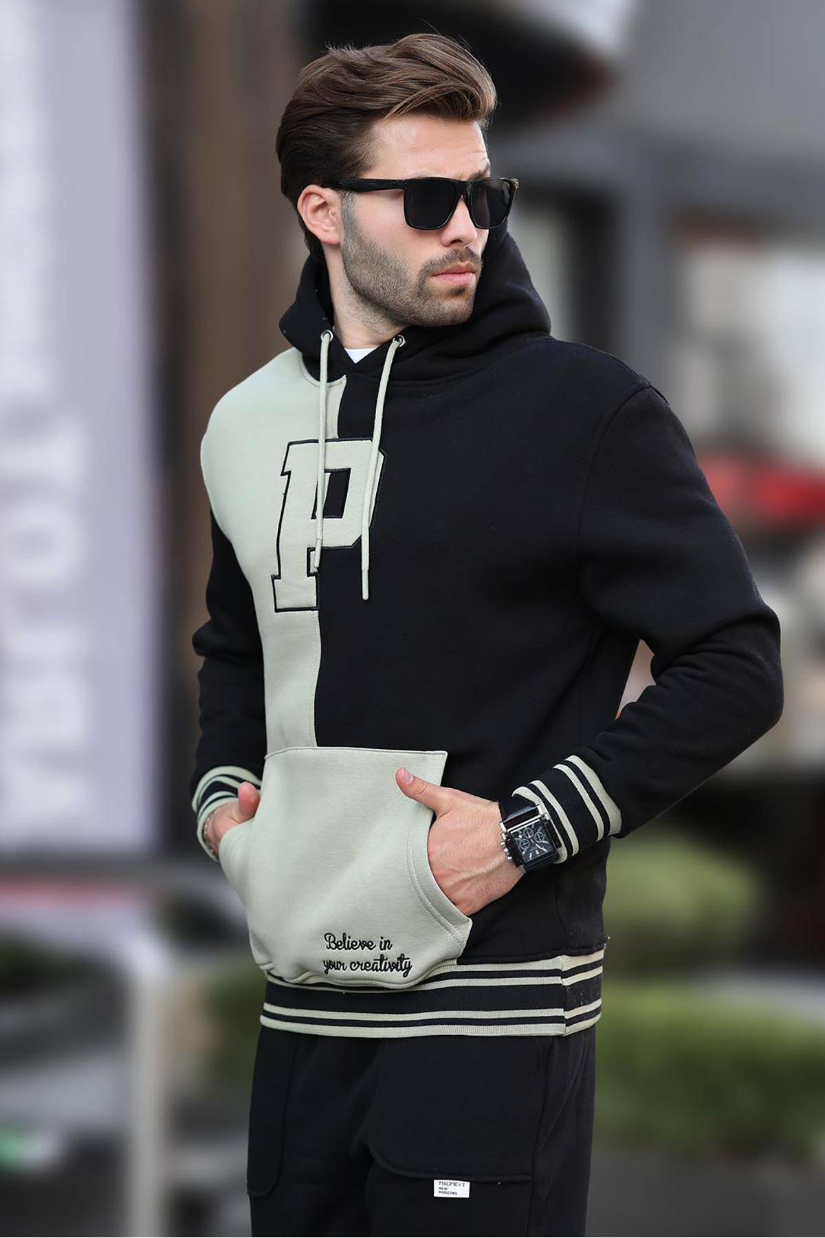 سویشرت مردانه چاپ شده کلاهدار بلوک آنتراسیت