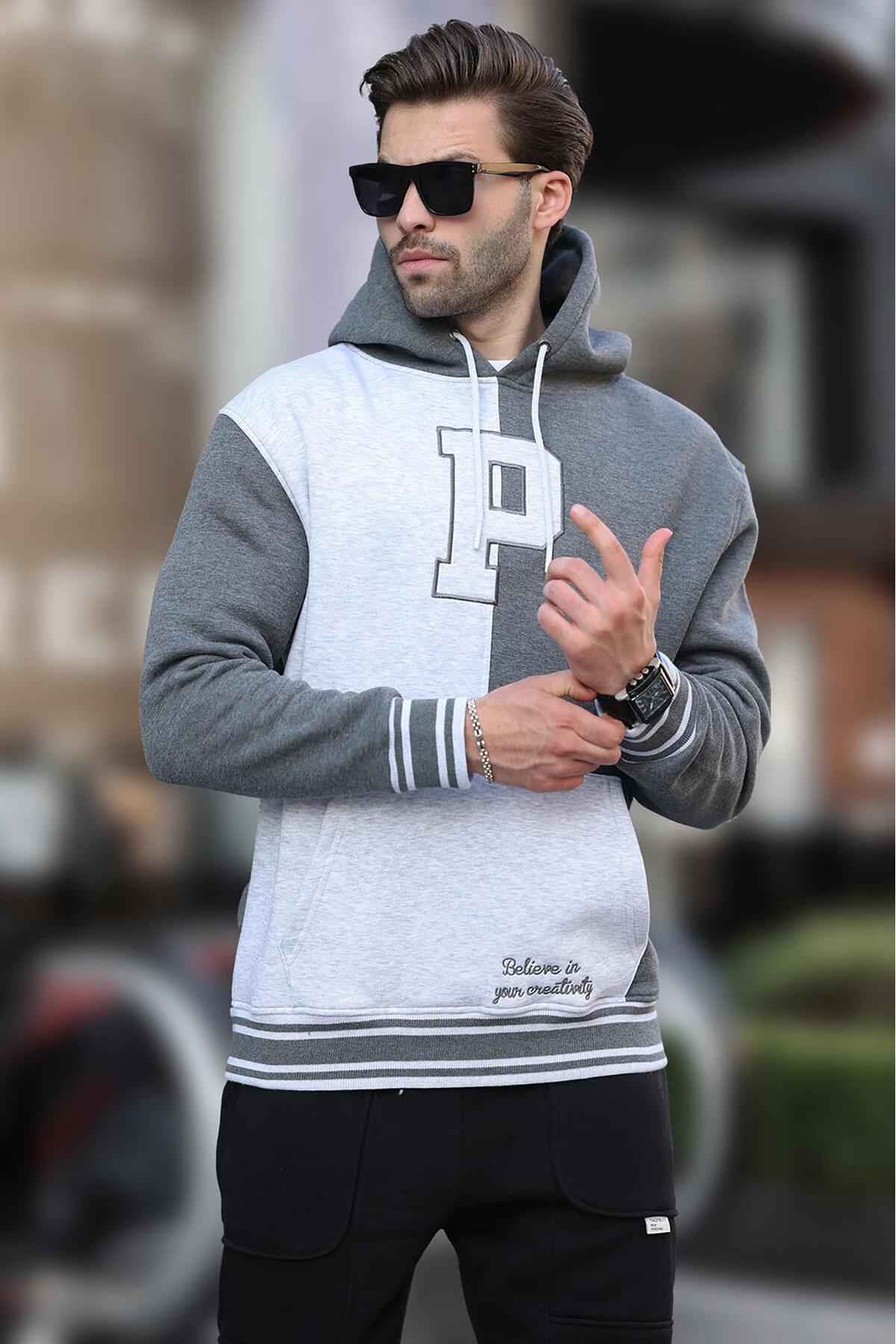 سویشرت مردانه چاپ شده کلاهدار بلوک آنتراسیت