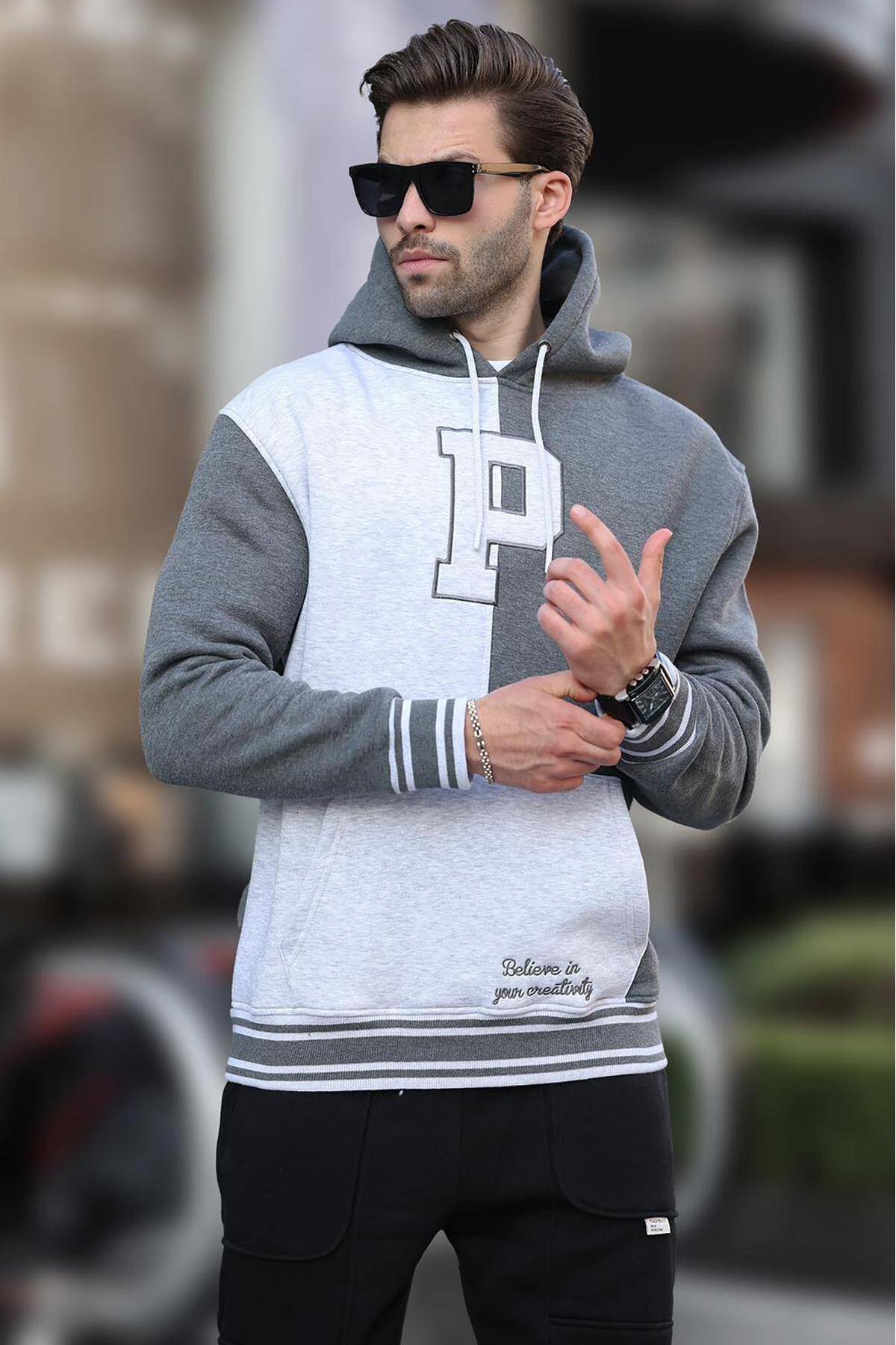 سویشرت مردانه چاپ شده کلاهدار بلوک آنتراسیت