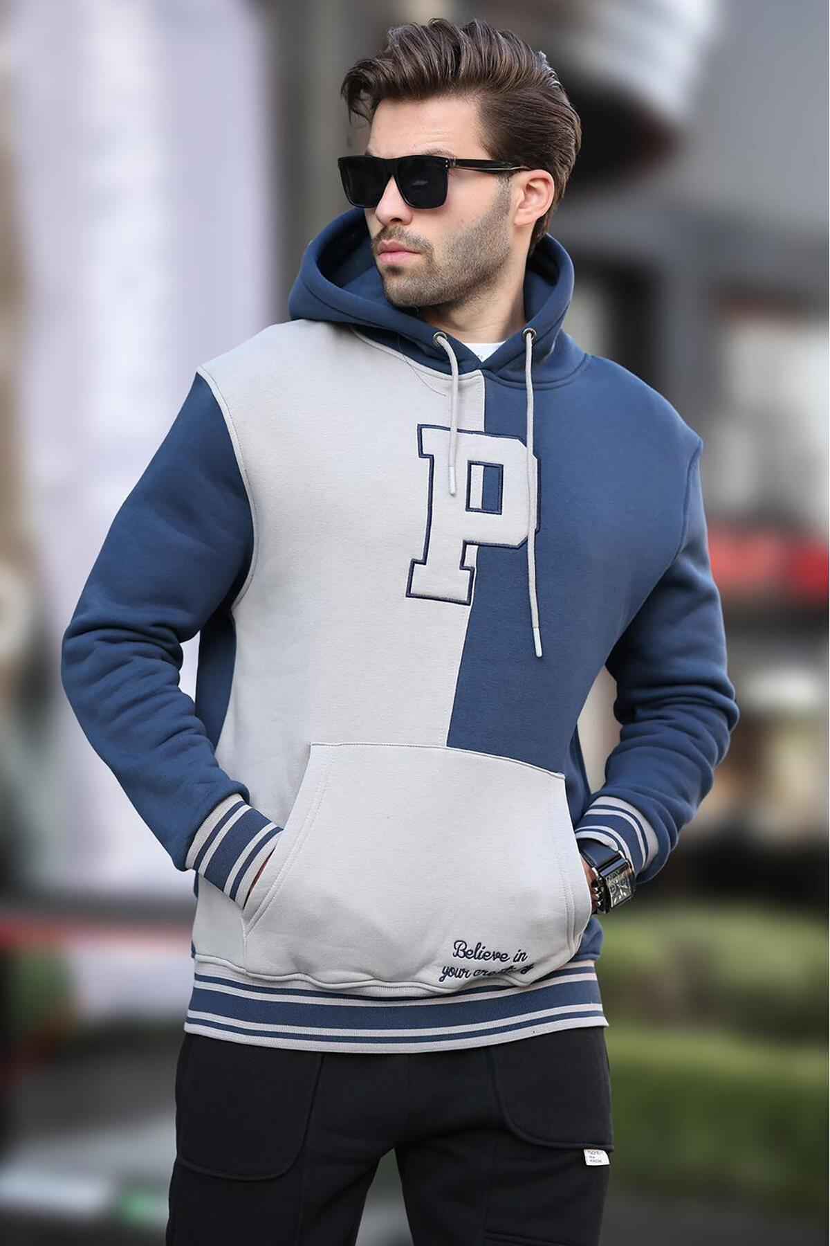 سویشرت مردانه چاپ شده کلاهدار بلوک آنتراسیت