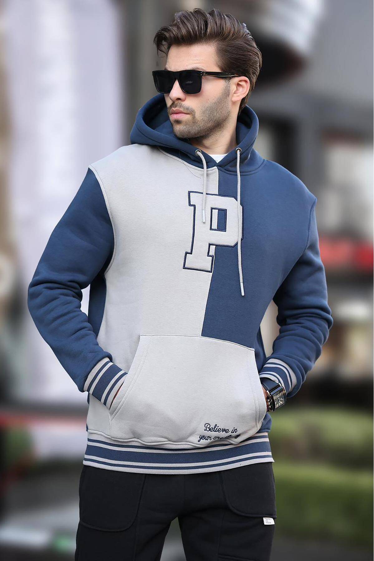 سویشرت مردانه چاپ شده کلاهدار بلوک آنتراسیت