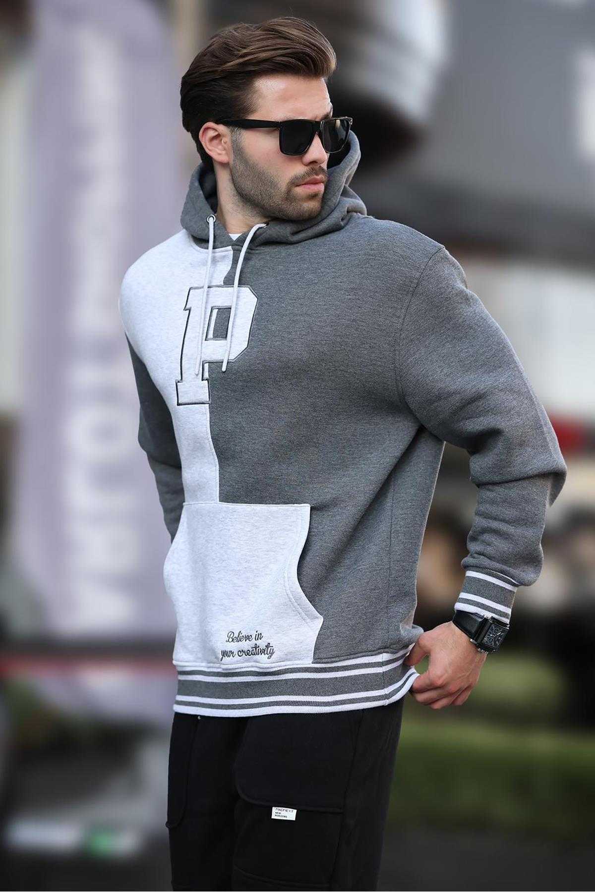 سویشرت مردانه چاپ شده کلاهدار بلوک آنتراسیت