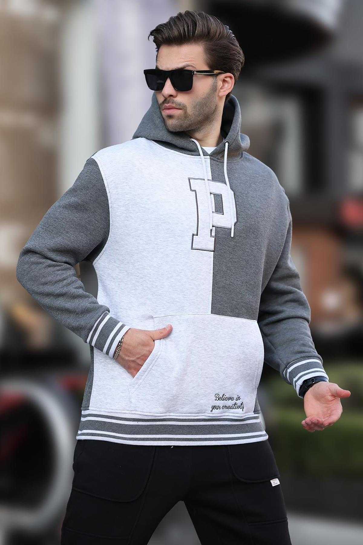 سویشرت مردانه چاپ شده کلاهدار بلوک آنتراسیت