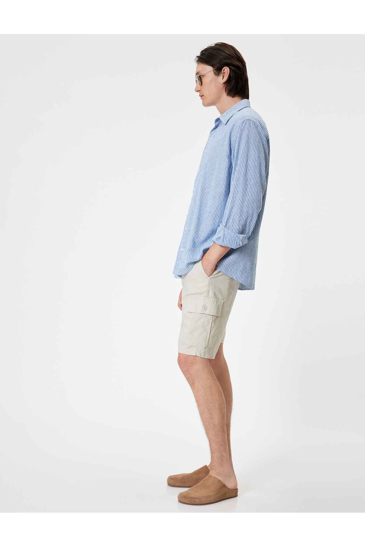 شلوارک کتانی برمودا با جزئیات جیب محموله