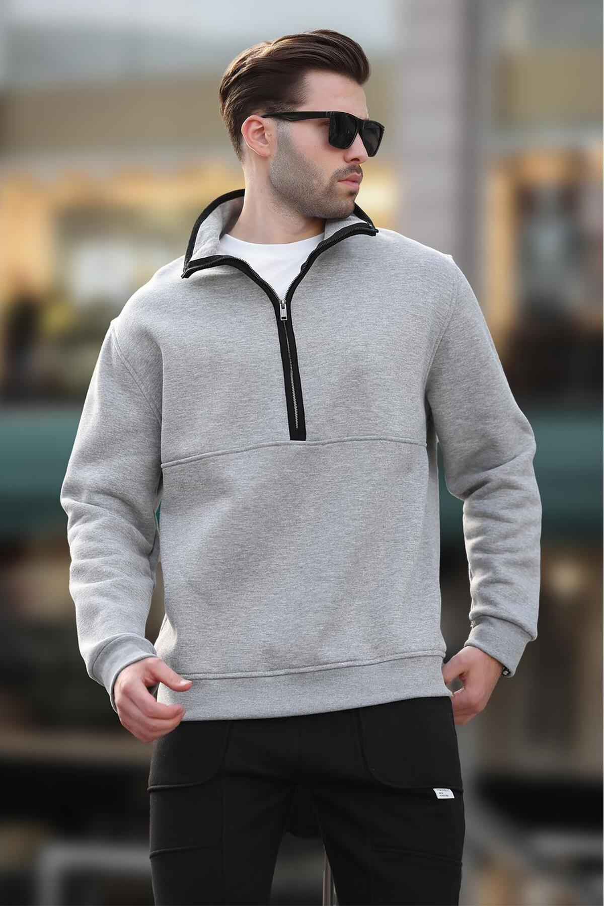 سویشرت نیمه زیپ یقه بلند خاکستری