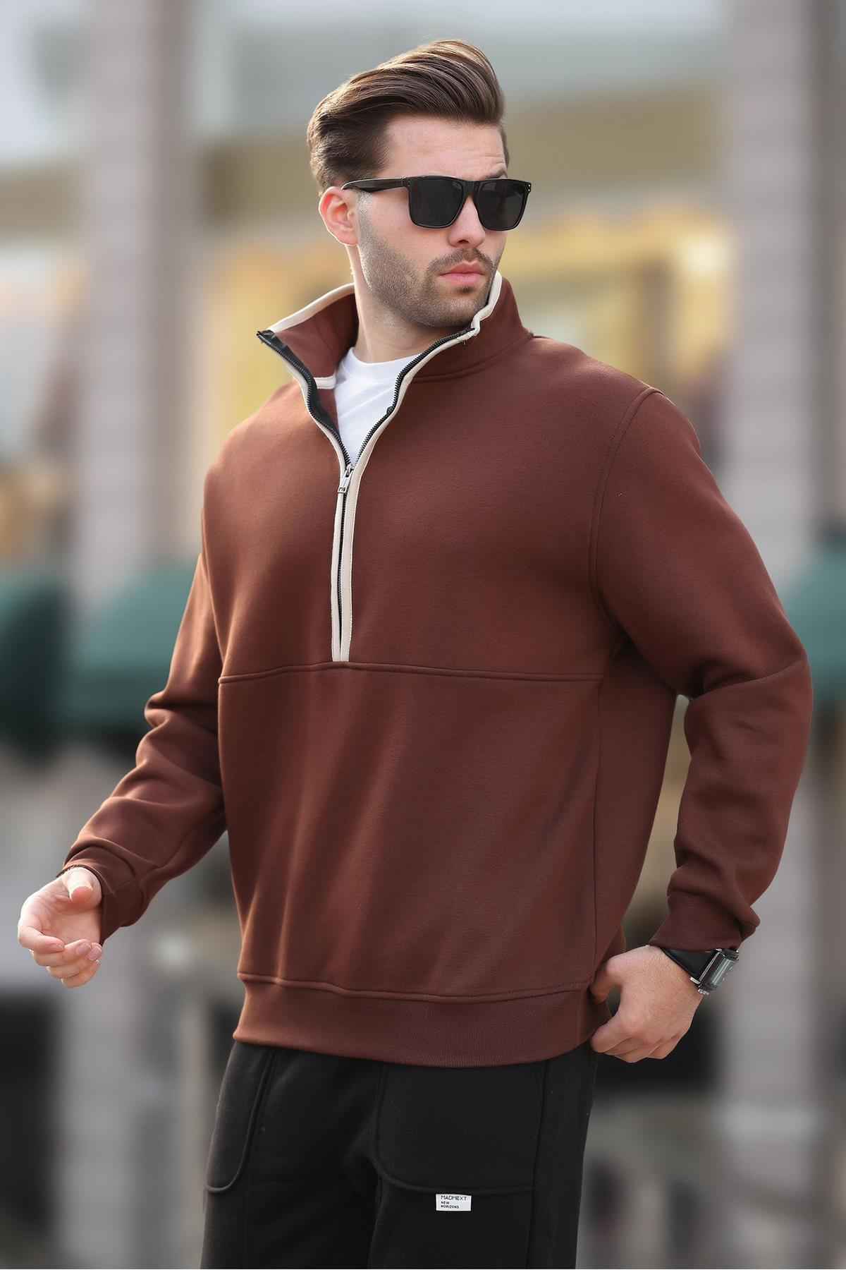 سویشرت نیمه زیپ یقه بلند خاکستری