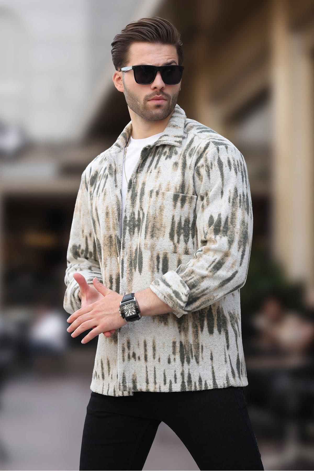 پیراهن پشمی مردانه تک جیبی طرح دار خاکستری