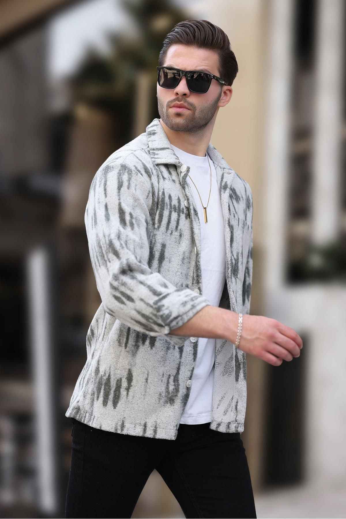 پیراهن پشمی مردانه تک جیبی طرح دار خاکستری