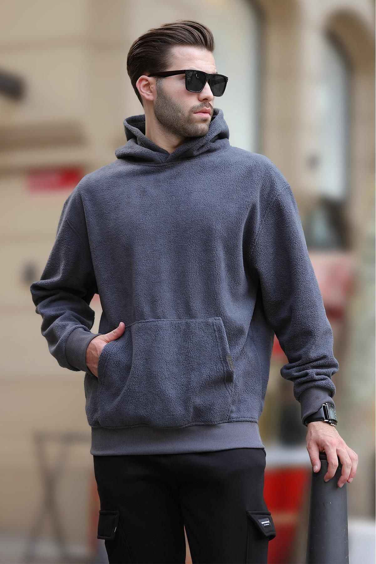 سویشرت مردانه سرپوش دار خاکستری رنگ شده با جزئیات جیبی