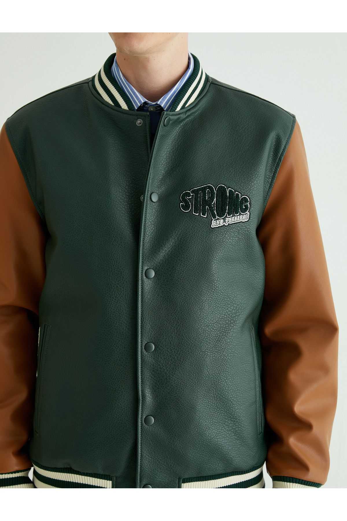 کالج کالج چرم نگاه بمب افکن یقه دوزی دکمه ضربه محکم و ناگهانی جیب