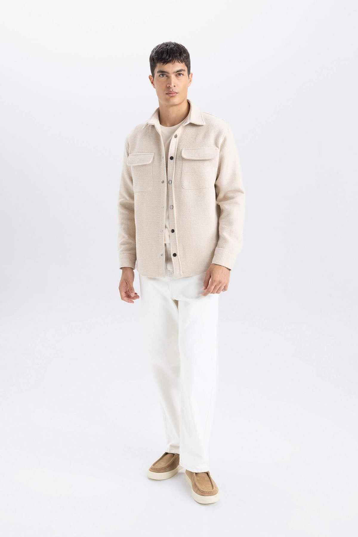 پیراهن آستین بلند یقه معمولی بژ با یقه معمولی