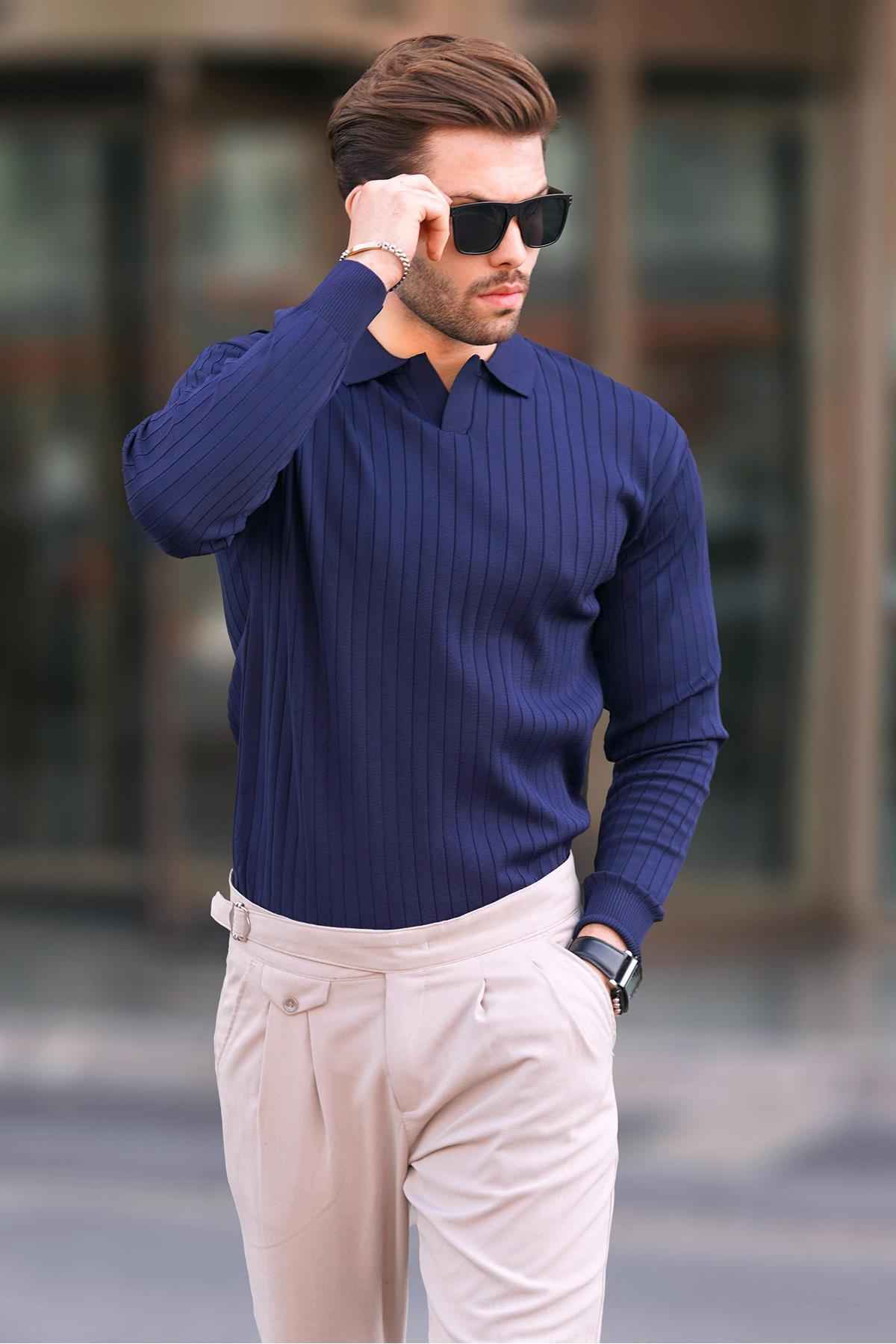 ژاکت پولو راه راه آستین بلند بژ