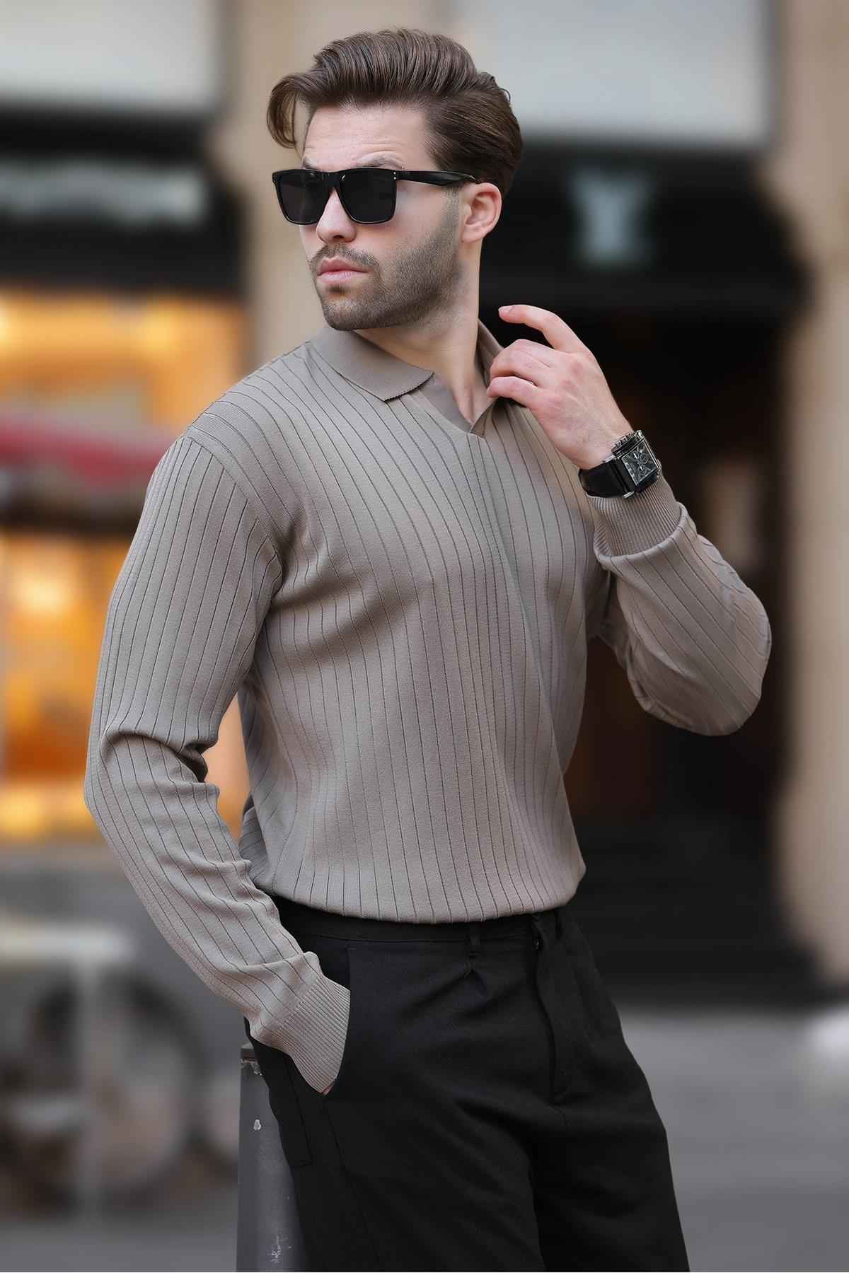 ژاکت پولو راه راه آستین بلند بژ