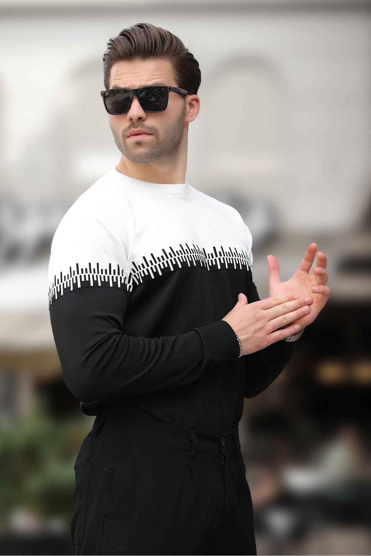 ژاکت بافتنی مردانه یقه دو رنگ طرح آبی سرمه ای