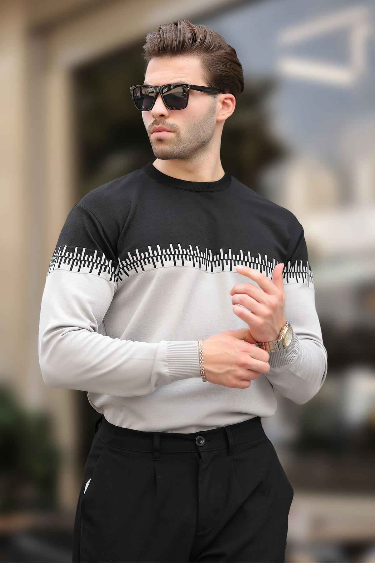 ژاکت بافتنی مردانه یقه دو رنگ طرح آبی سرمه ای