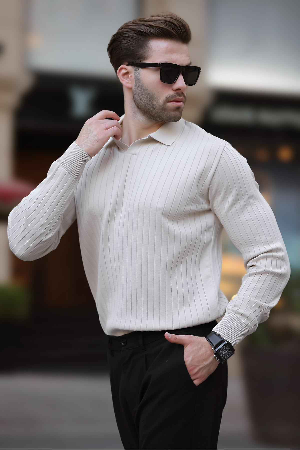 ژاکت پولو راه راه آستین بلند بژ