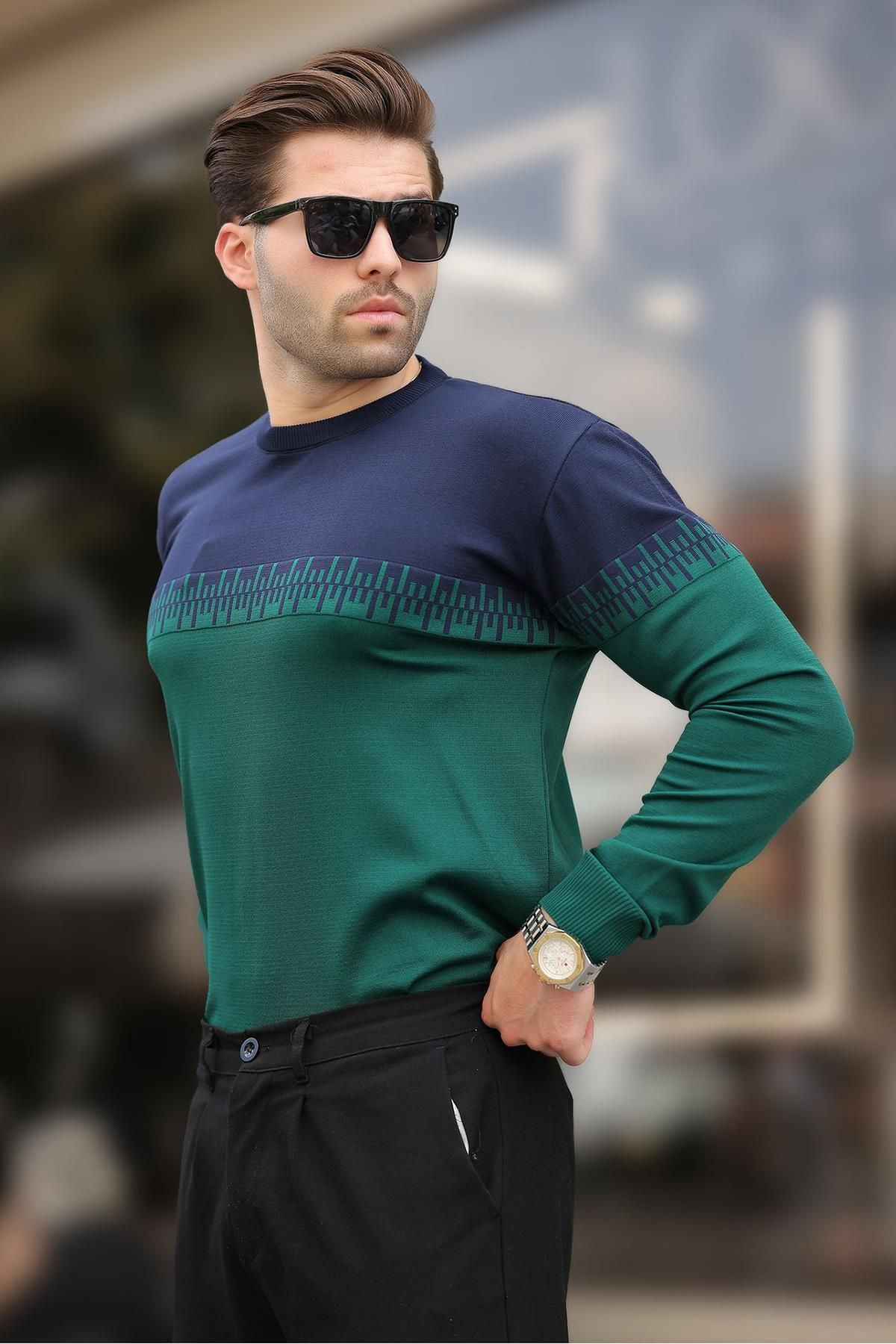 ژاکت بافتنی مردانه یقه دو رنگ طرح آبی سرمه ای