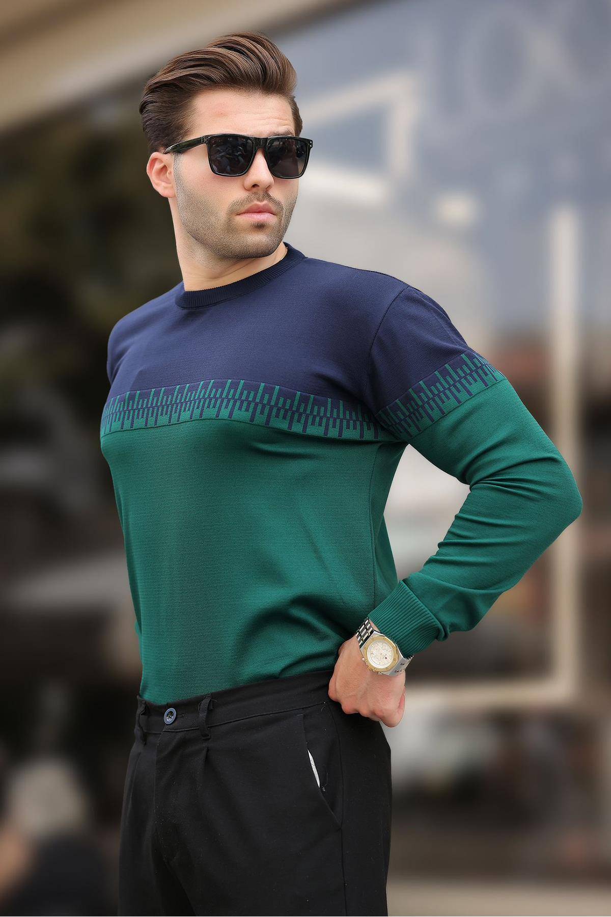 ژاکت بافتنی مردانه یقه دو رنگ طرح آبی سرمه ای