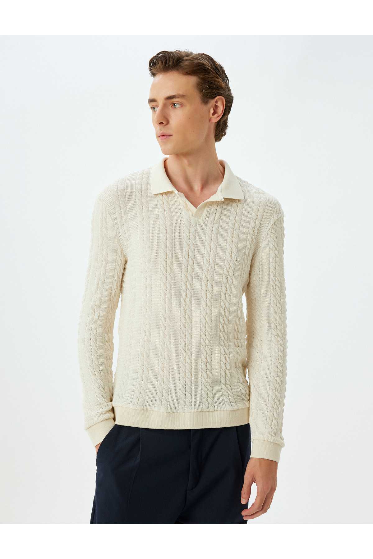 پلیور اسلیم فیت با بافت یقه پولو ترکیبی از پنبه