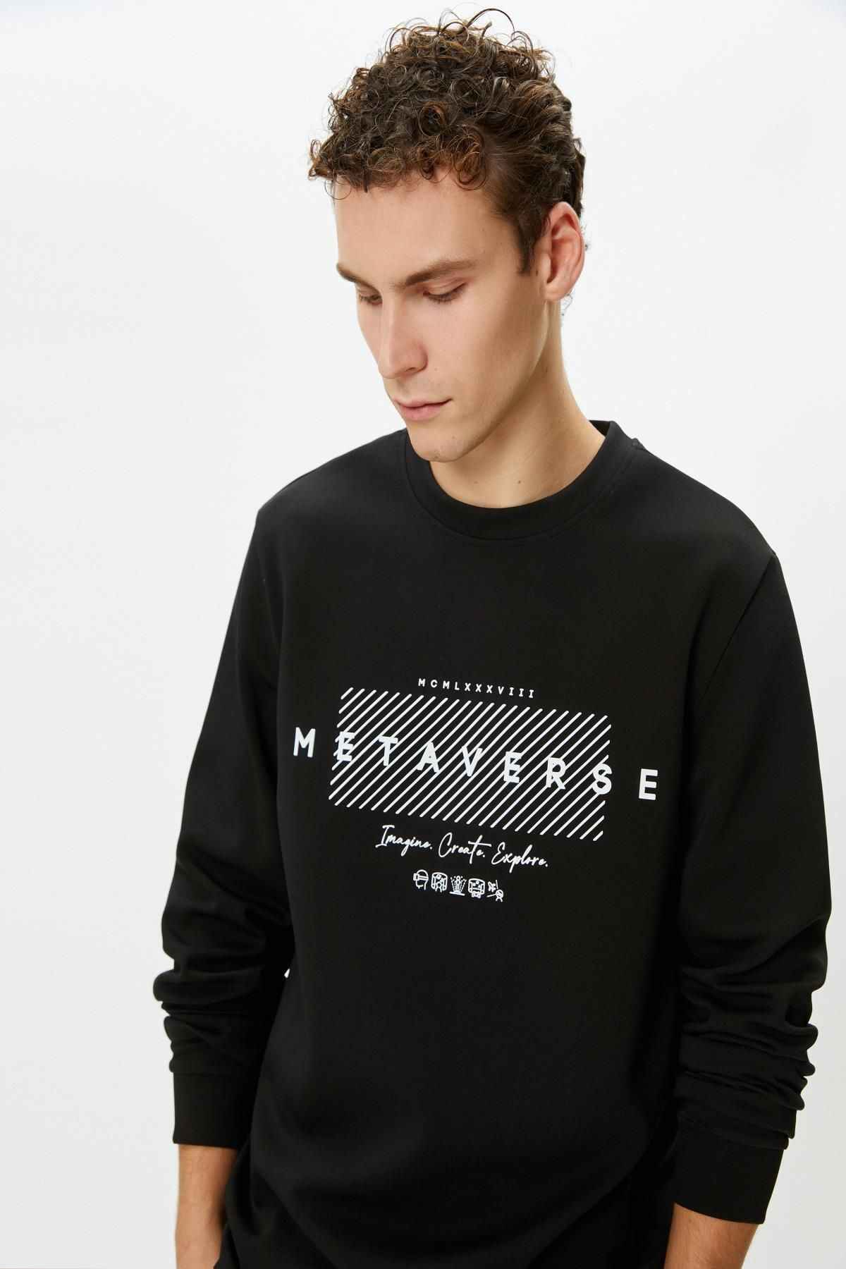 سوئیشرت یقه خدمه شعار چاپ آستین بلند آجدار