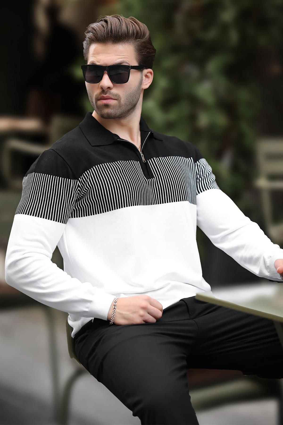 پلیور آستین بلند بلوکی رنگ یقه زیپ خاکستری