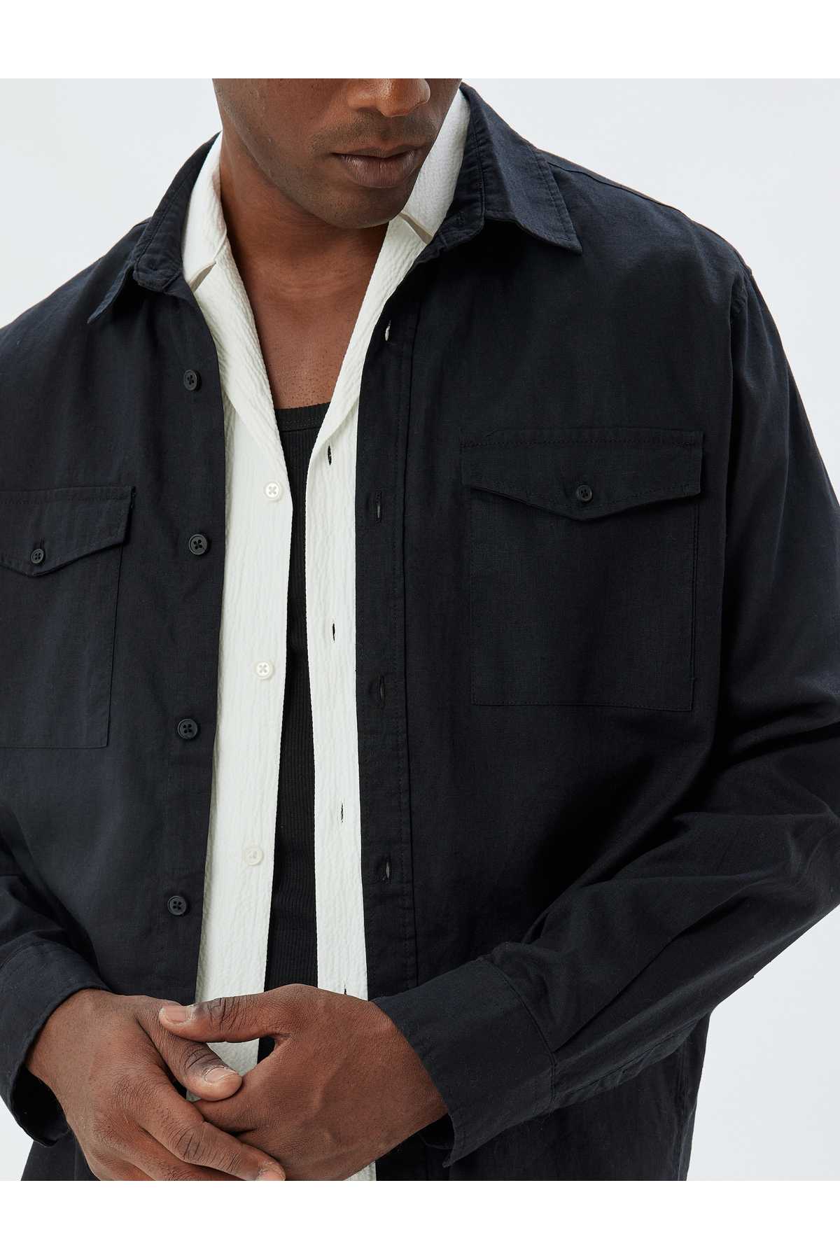 کتانی ترکیبی پیراهن آستین بلند جزئیات جیب فلپ