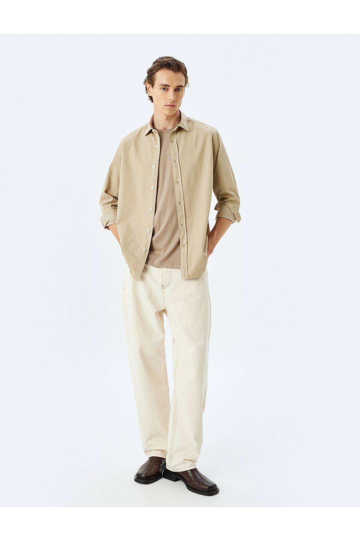 پیراهن پایه آستین بلند یقه ایتالیایی نیمه دکمه دار نخی