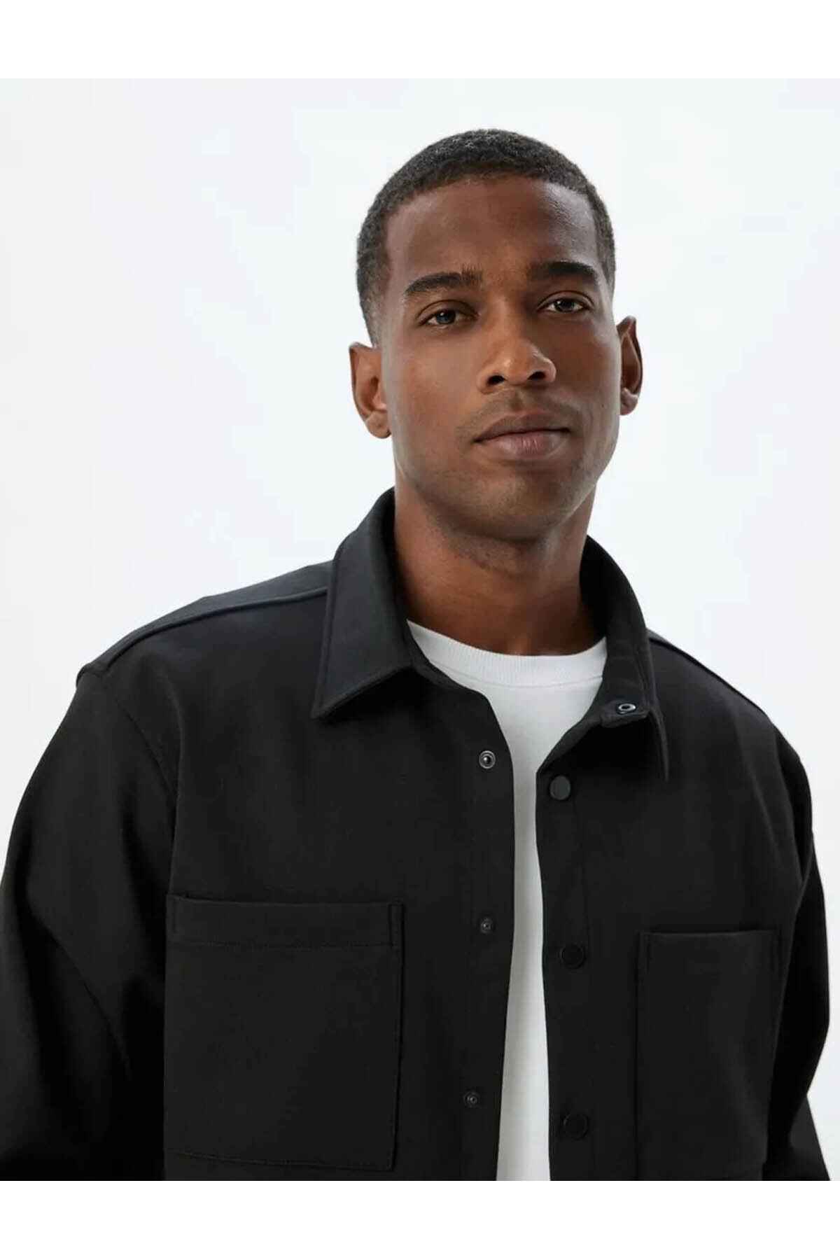 پیراهن آستین بلند با جزئیات جیب، ترکیب ویسکوز، دکمه های ضربه ای