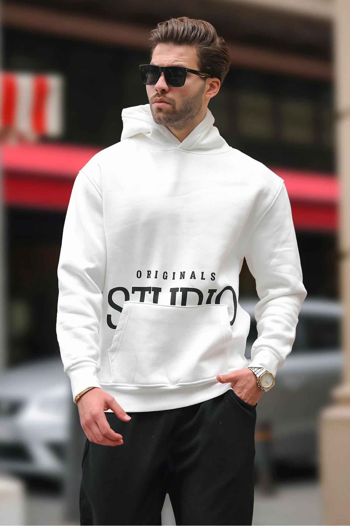 سویشرت چاپی کلاهدار مشکی با جزئیات جیب