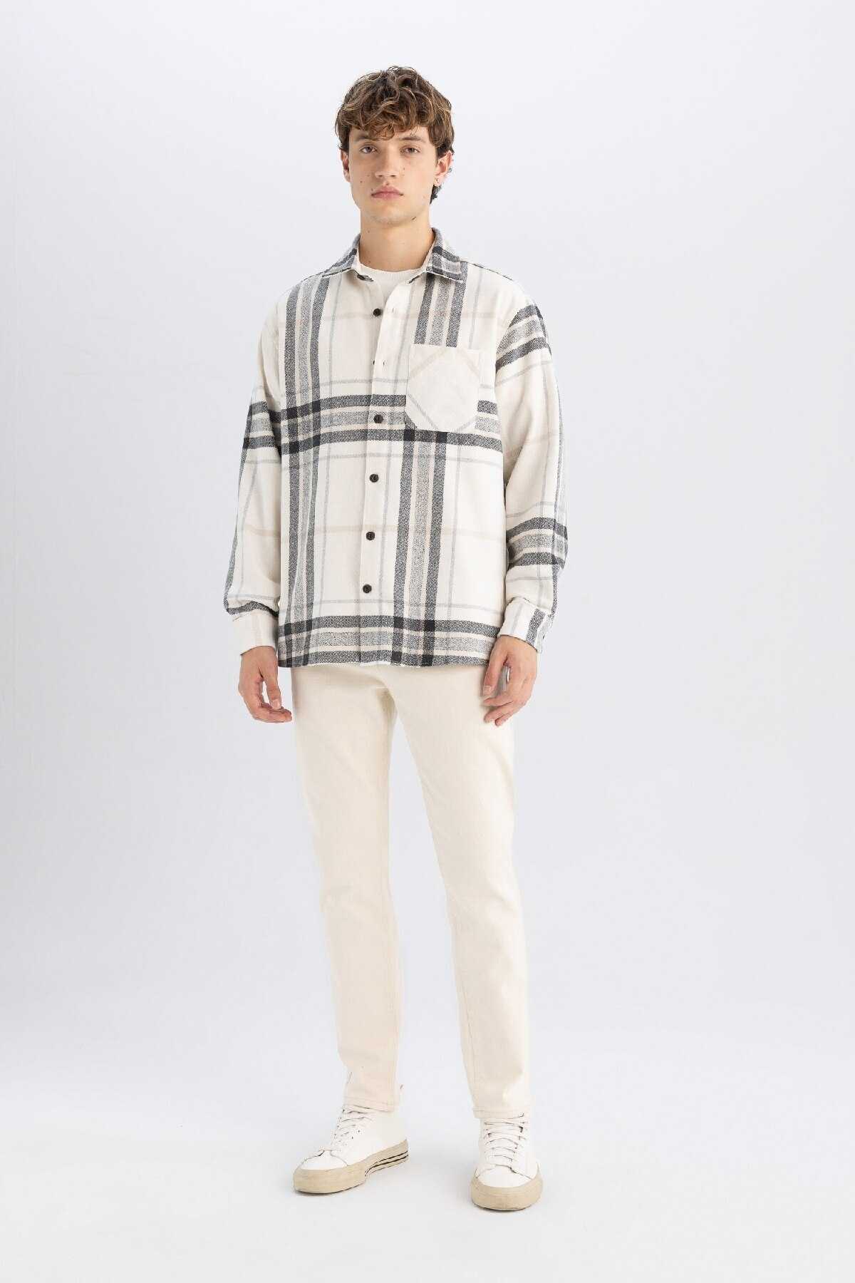 پیراهن آستین بلند فلانل با یقه چوگان دار معمولی