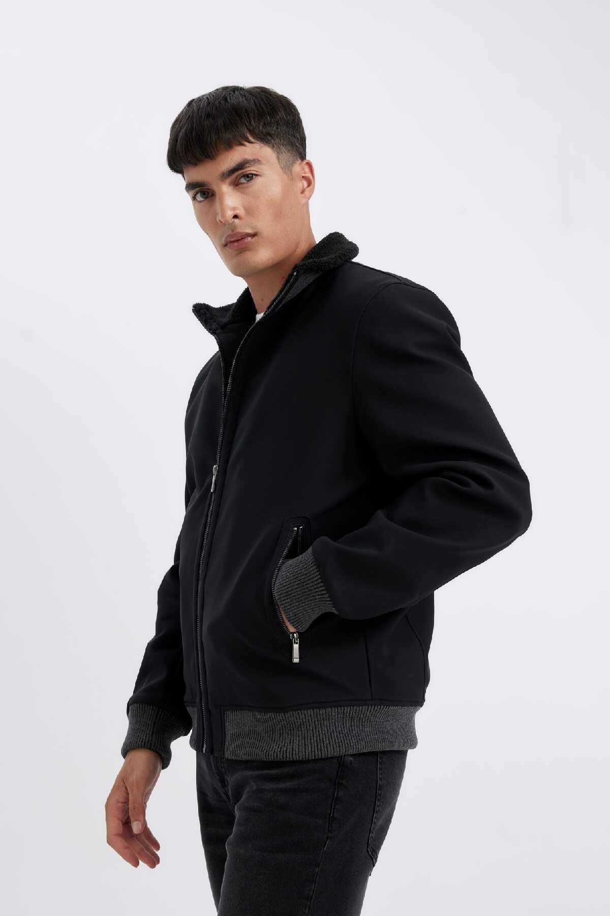 کت کت چرم مصنوعی فصلی با زیپ با خط یقه بلند باریک و دو جیب