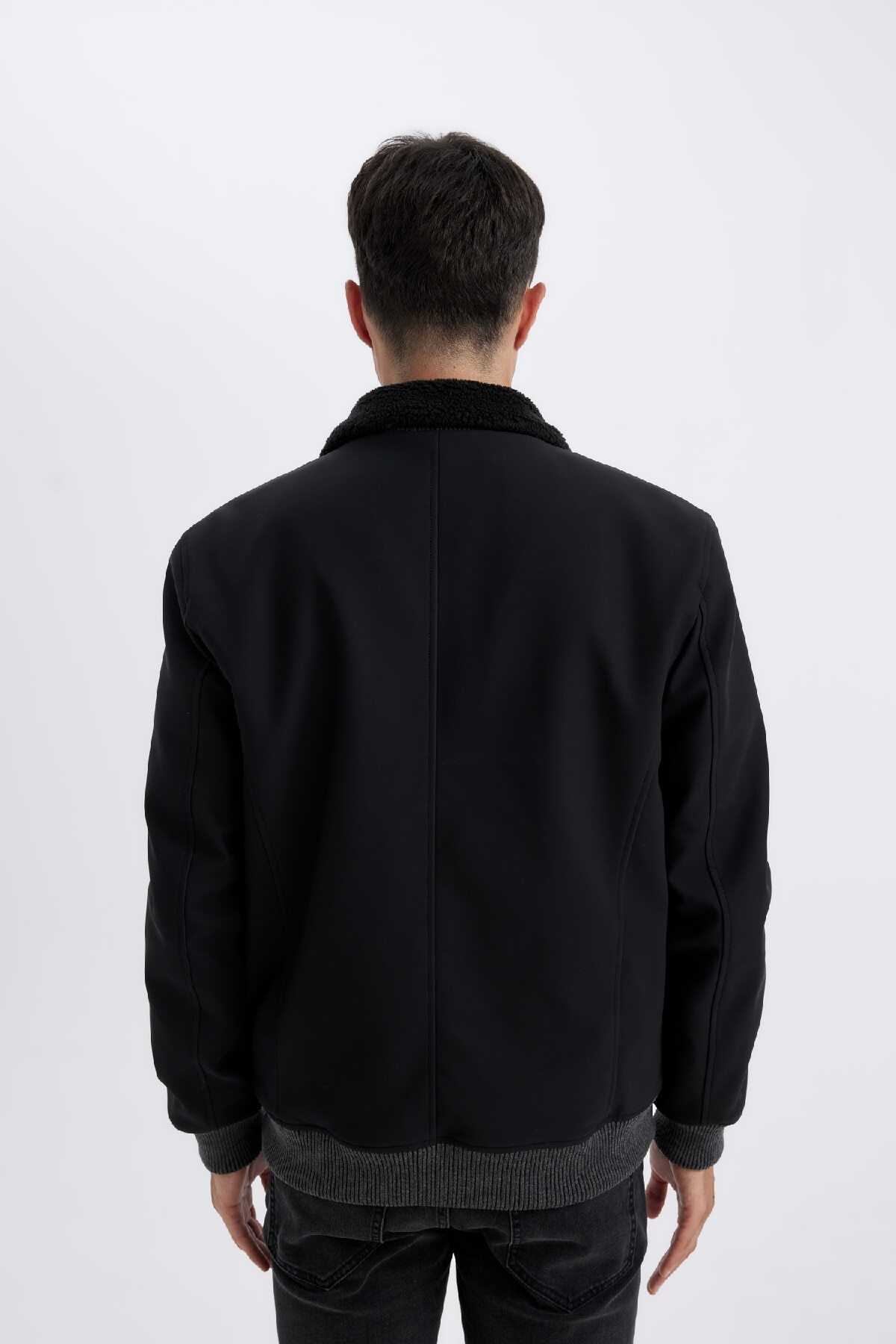 کت کت چرم مصنوعی فصلی با زیپ با خط یقه بلند باریک و دو جیب