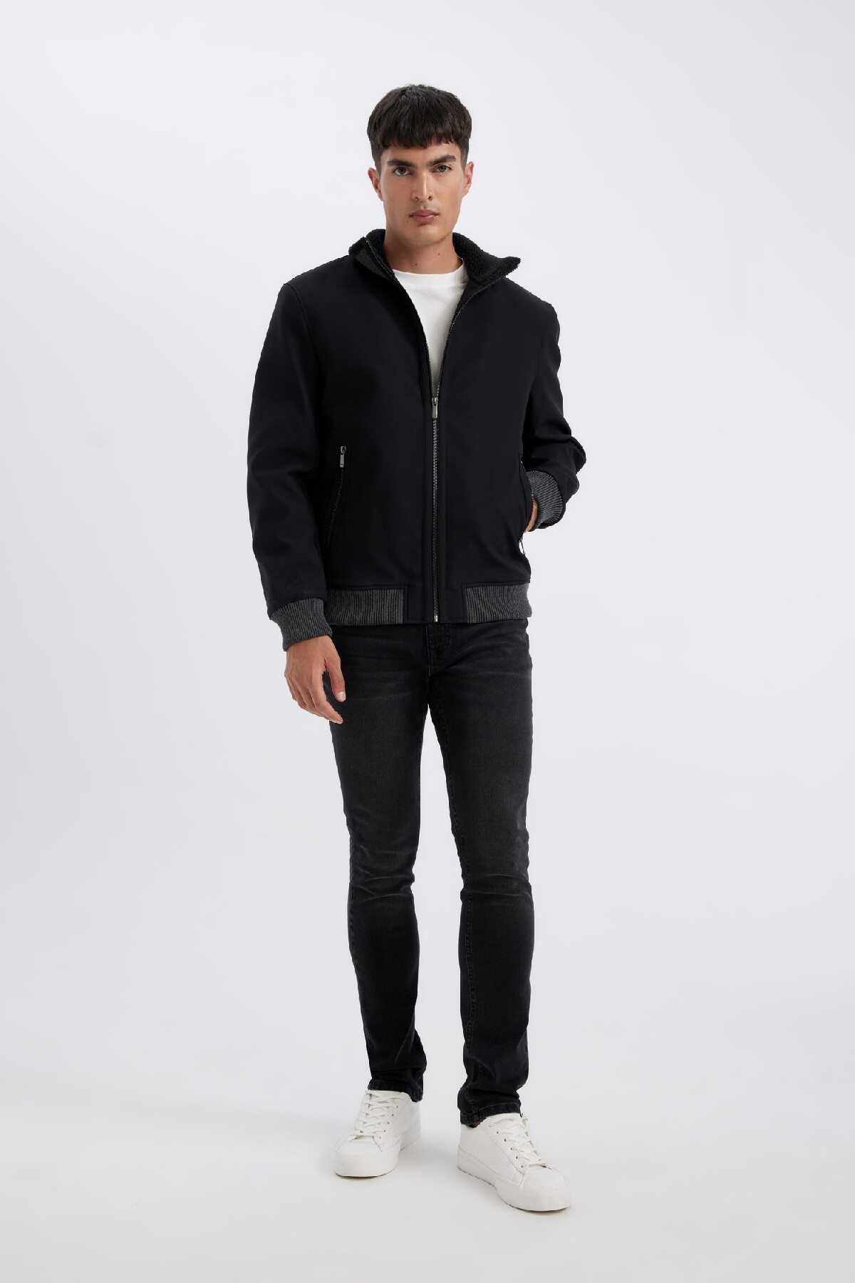 کت کت چرم مصنوعی فصلی با زیپ با خط یقه بلند باریک و دو جیب