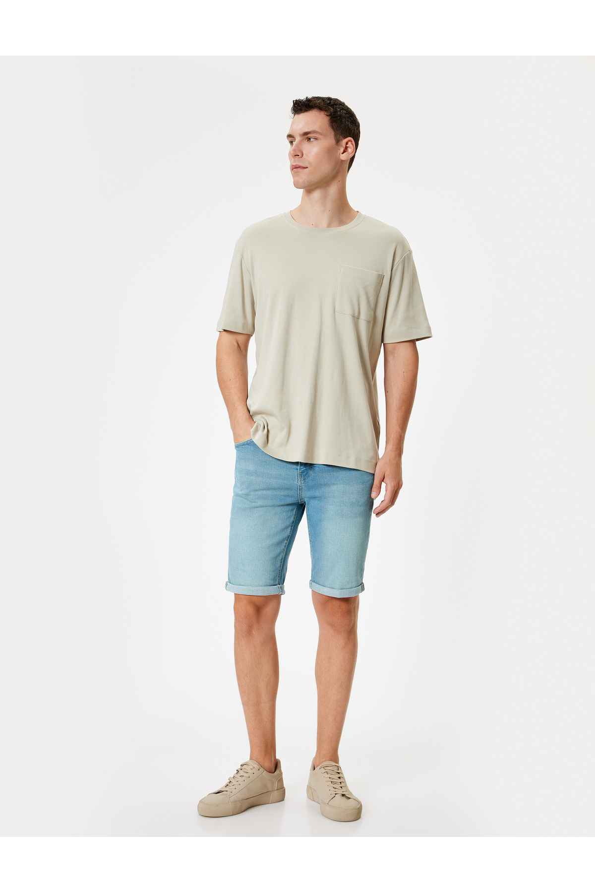 شلوارک جین باریک با جیب تاشو برمودا با جزئیات نخی