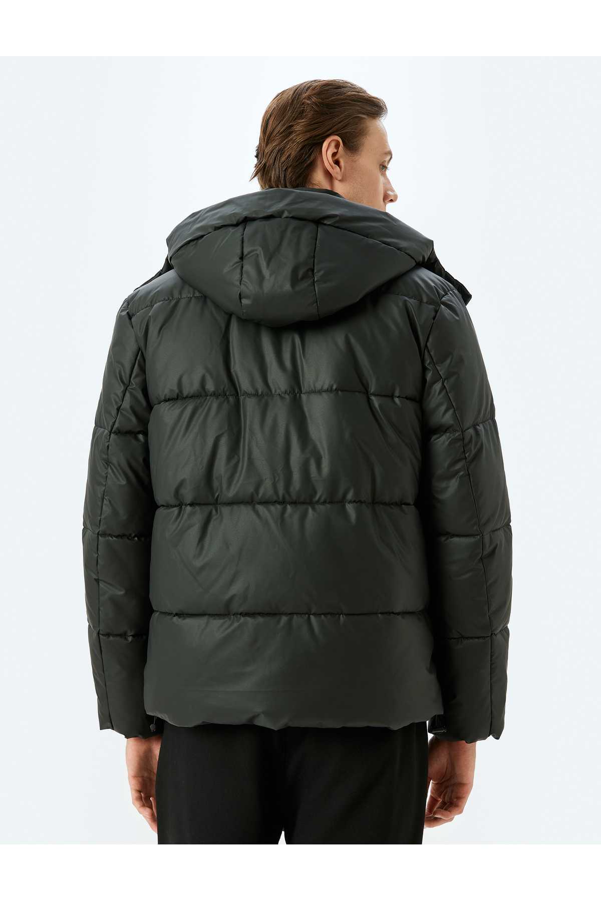 مانتو پف دار چرم مصنوعی کلاهدار باریک