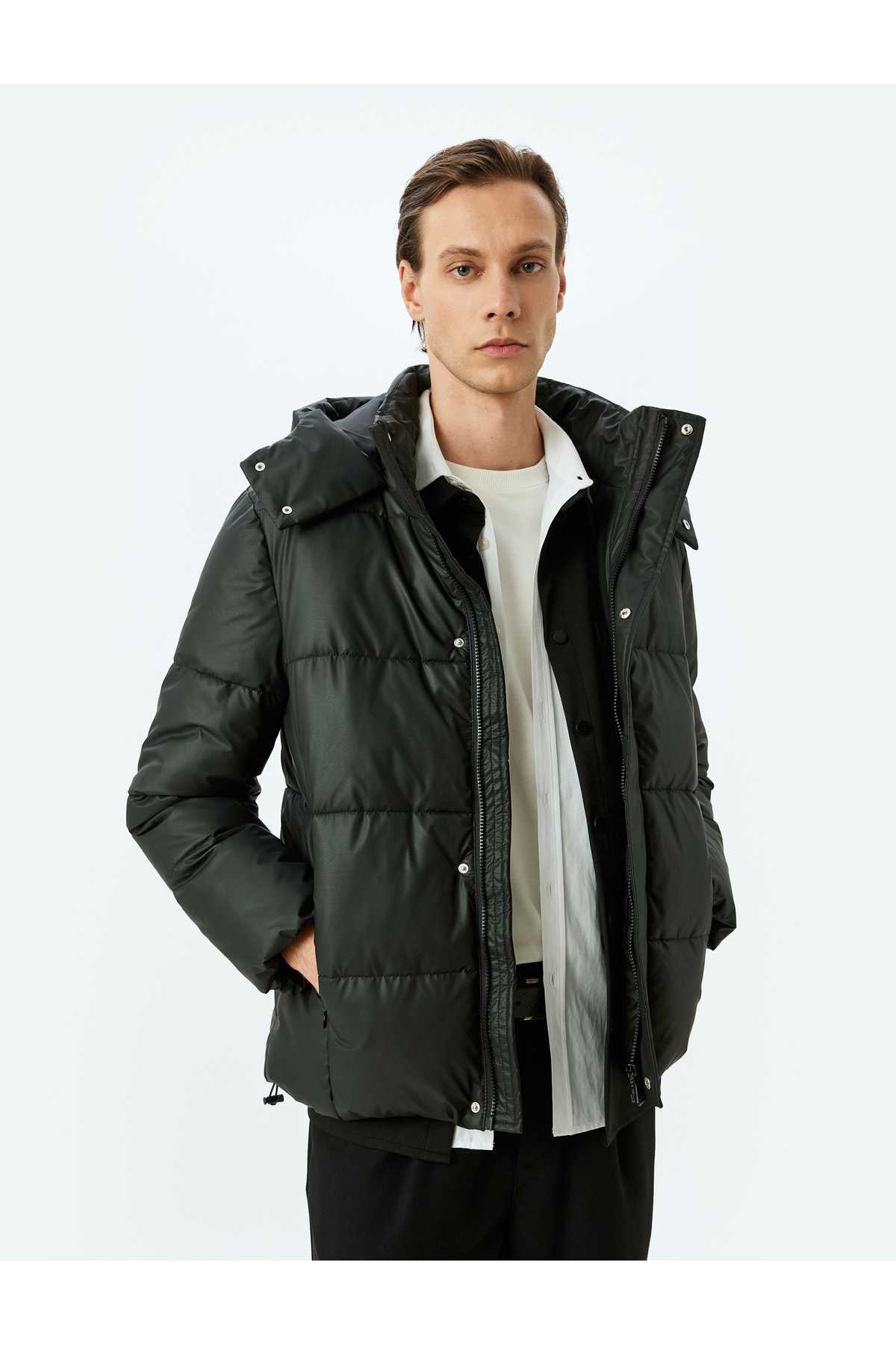 مانتو پف دار چرم مصنوعی کلاهدار باریک