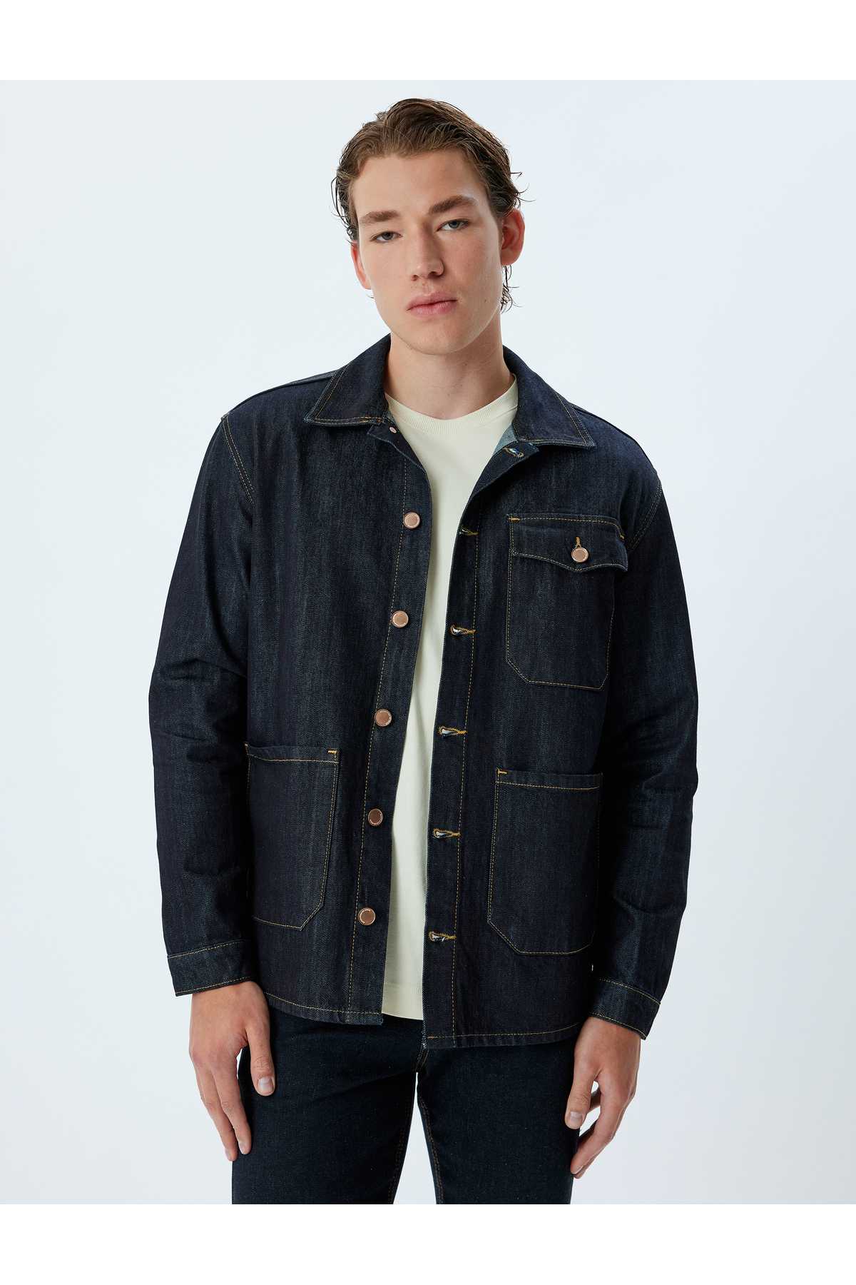 یقه کت جین یقه جیب جزییات پنبه ای