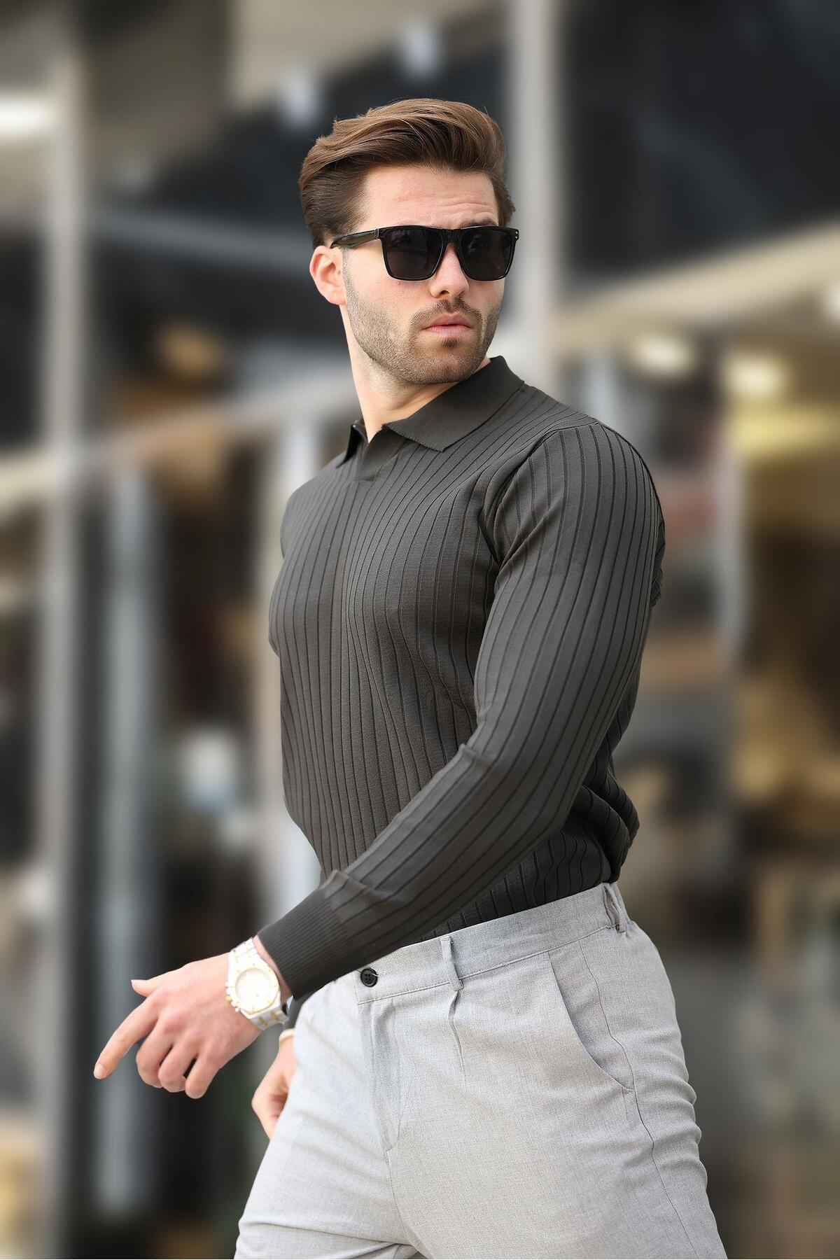 ژاکت پولو راه راه آستین بلند بژ