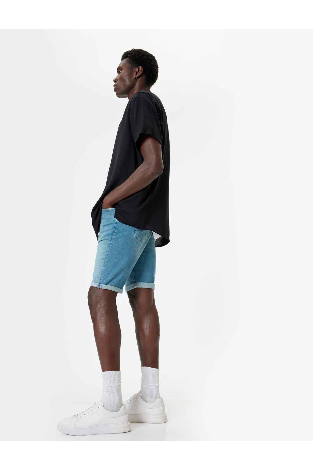 شلوارک جین باریک با جیب تاشو برمودا با جزئیات نخی