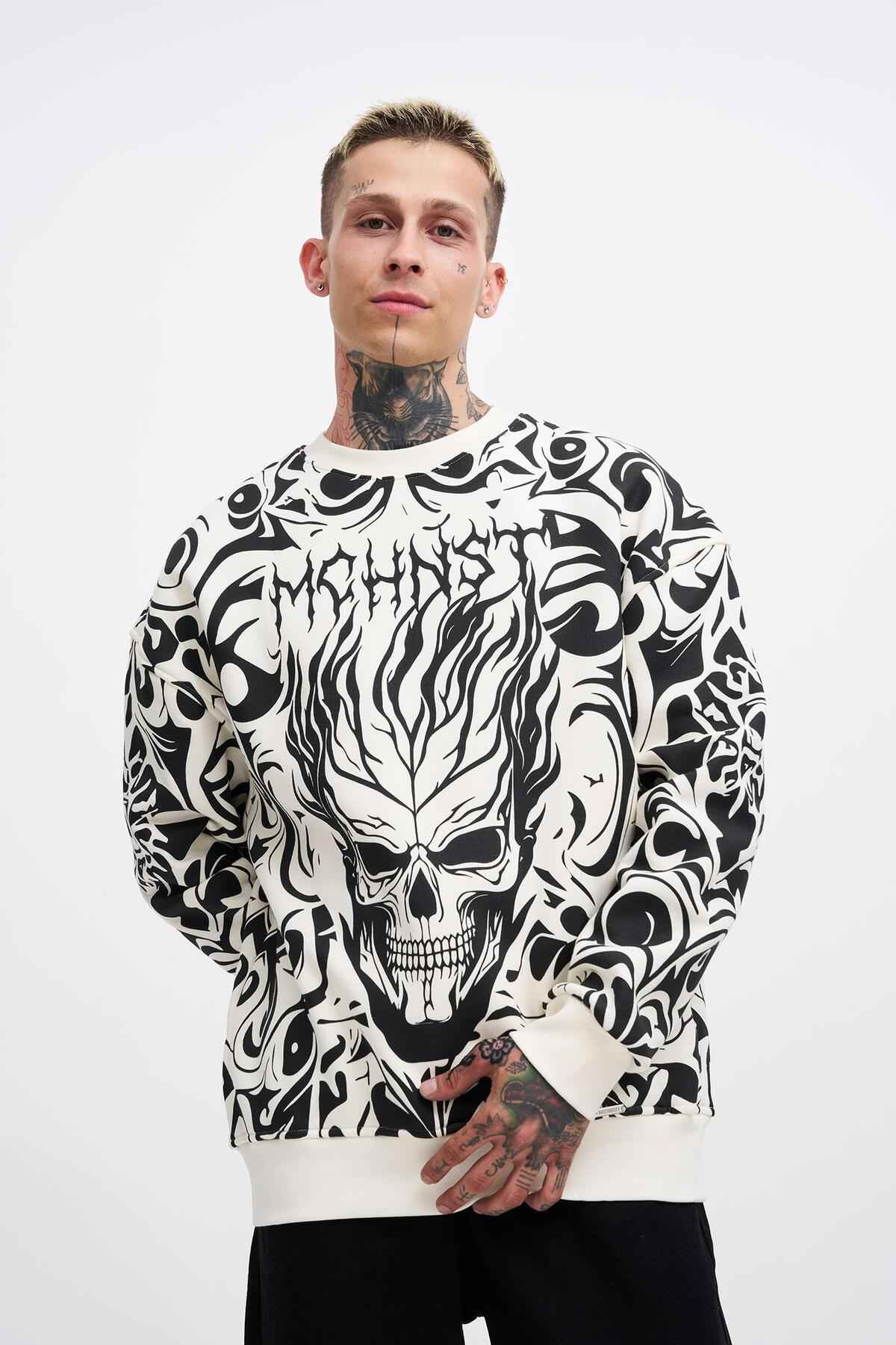 سویشرت مردانه با چاپ جمجمه خاکستری سایز بزرگ