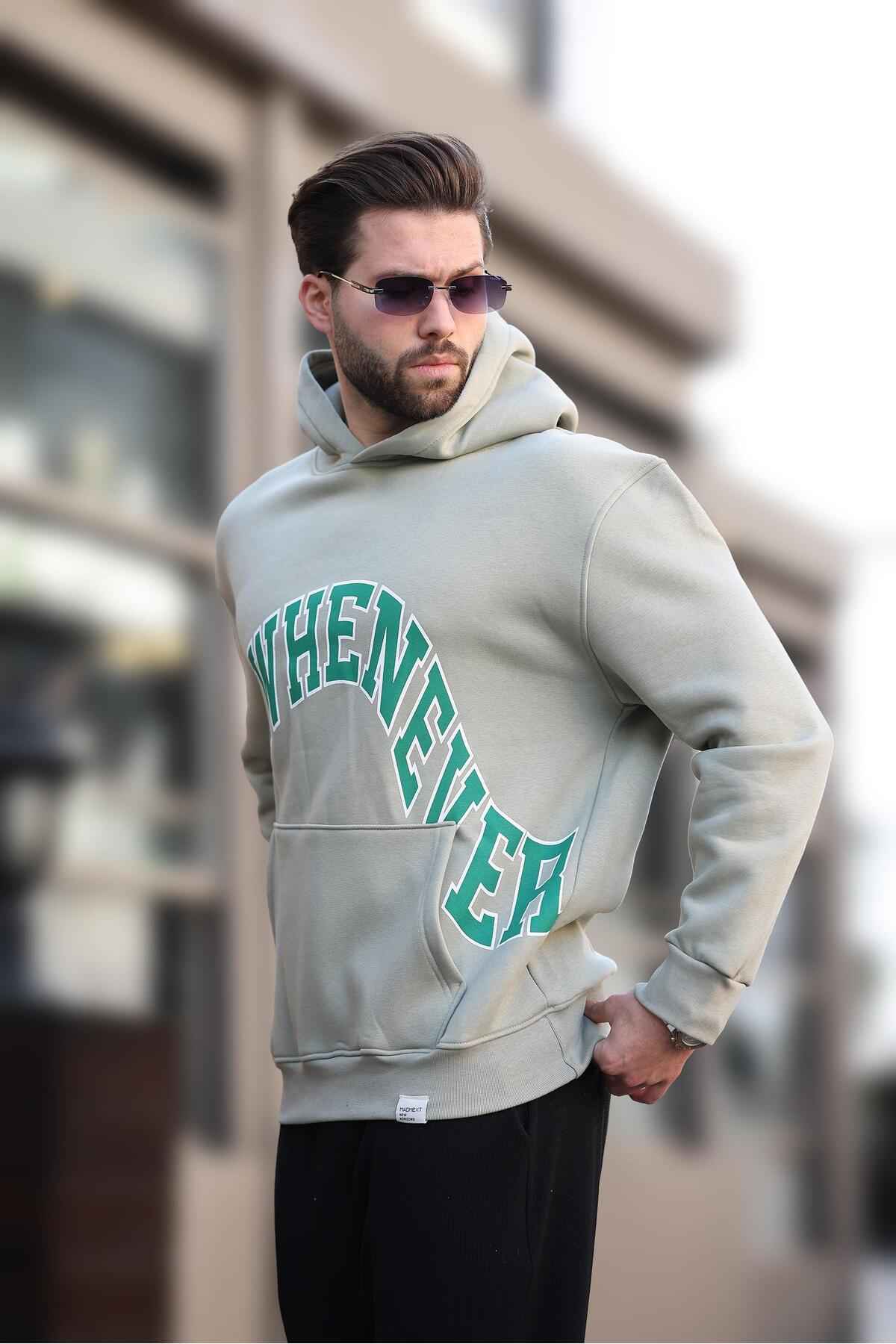 سویشرت مردانه سرپوش خاکستری رنگ شده با جزئیات جیب چاپ شده