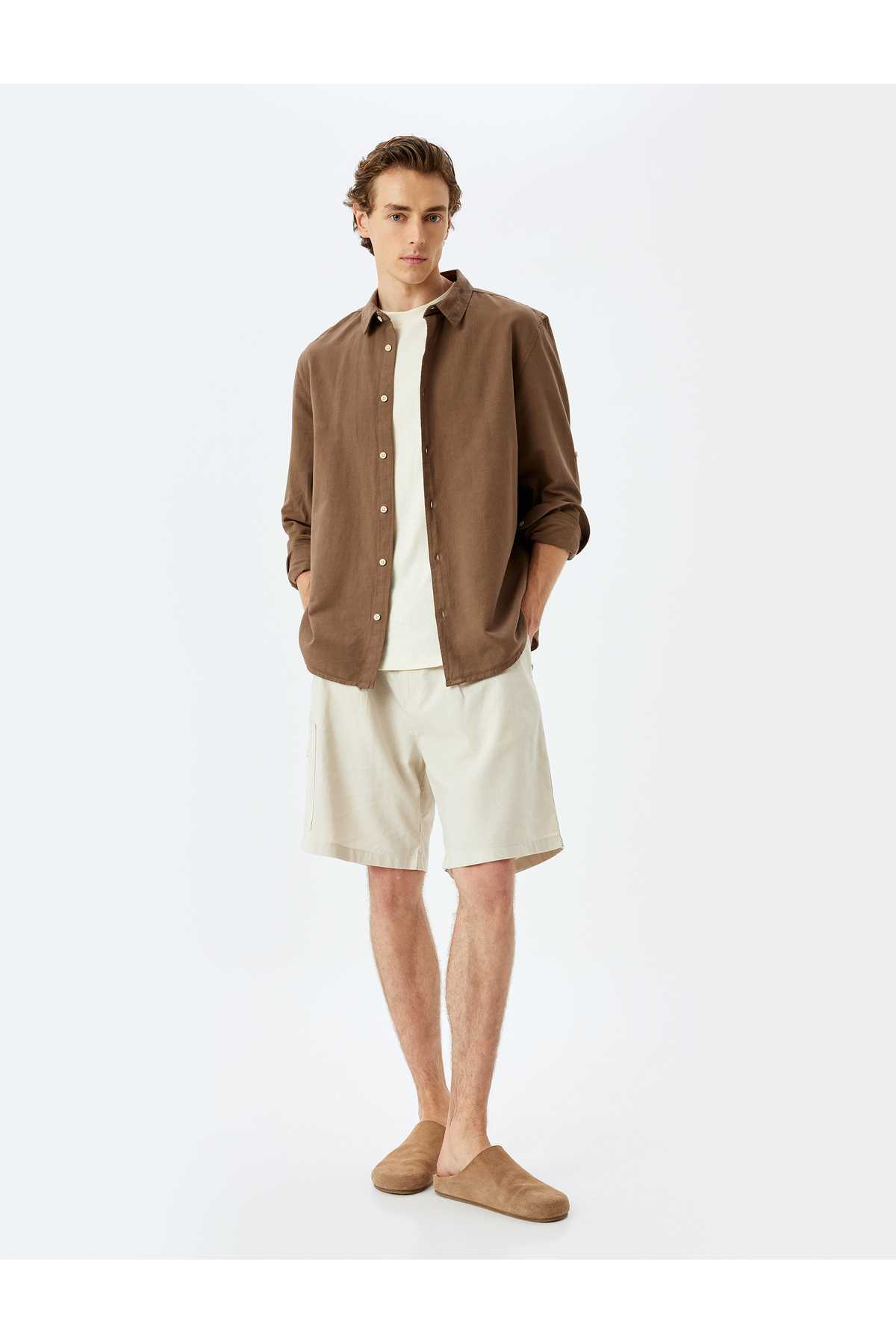 شلوارک ترکیبی کتانی برمودا چینو با جزئیات جیبی