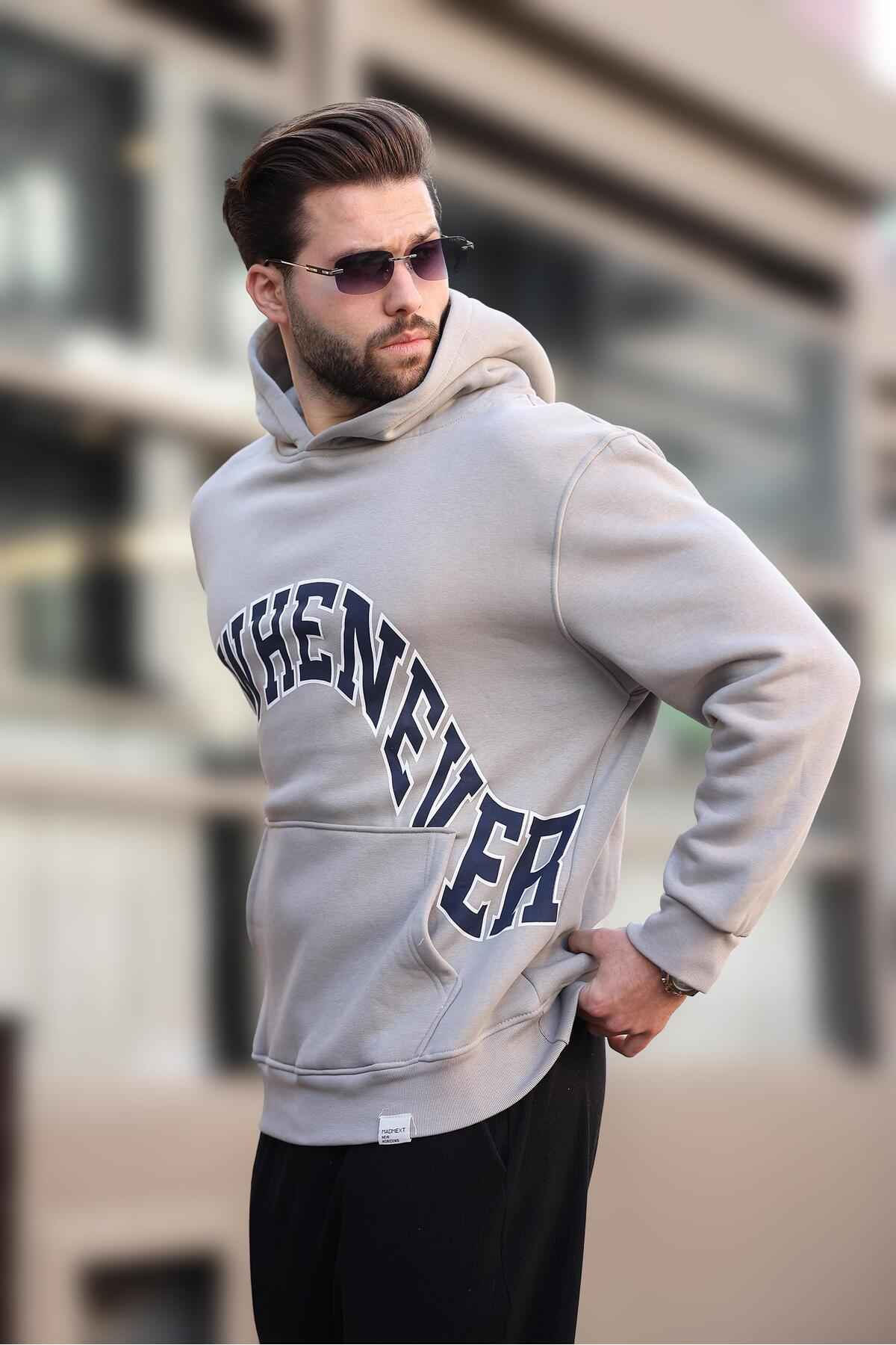 سویشرت مردانه سرپوش خاکستری رنگ شده با جزئیات جیب چاپ شده