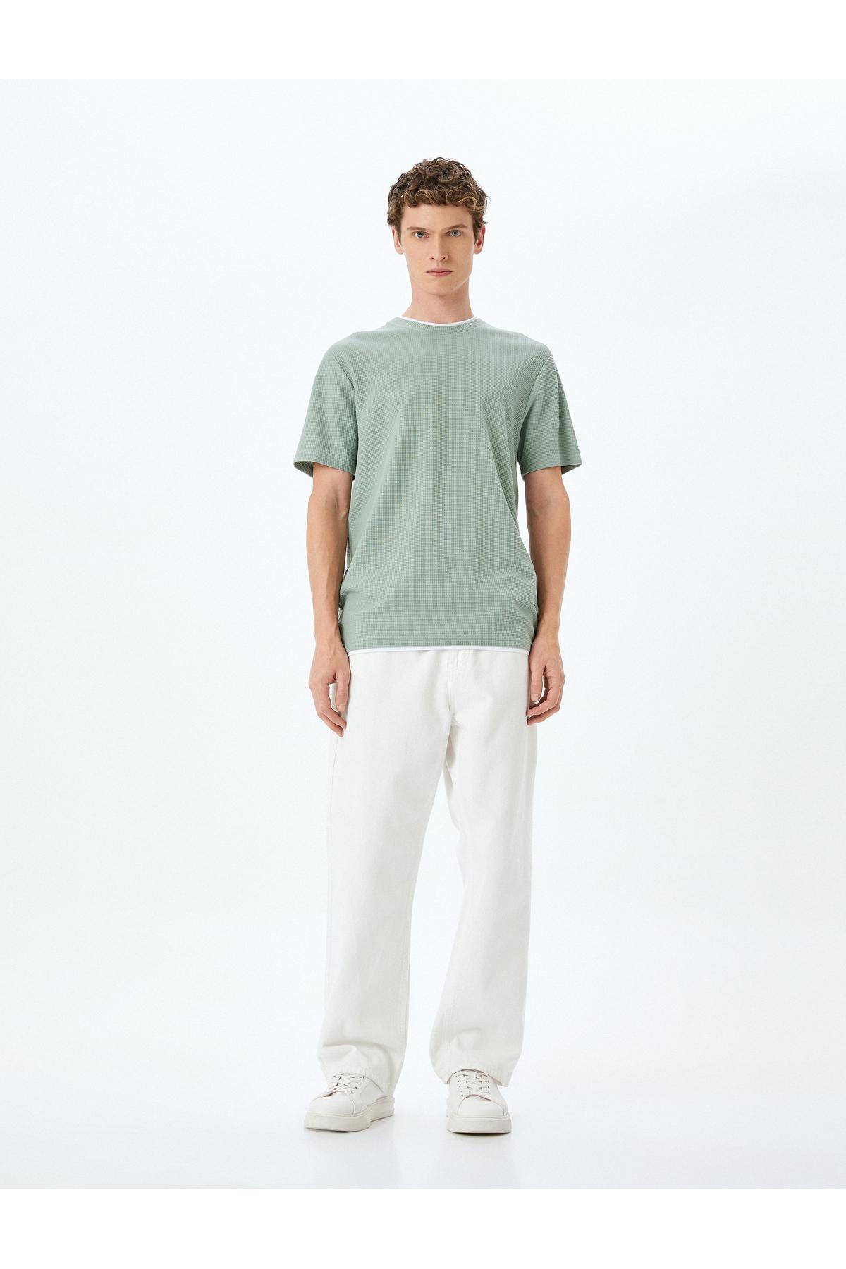 گردن آستین کوتاه بافتی با جزئیات پنبه مخلوط دوچرخه مخلوط باریک تناسب T -shirt