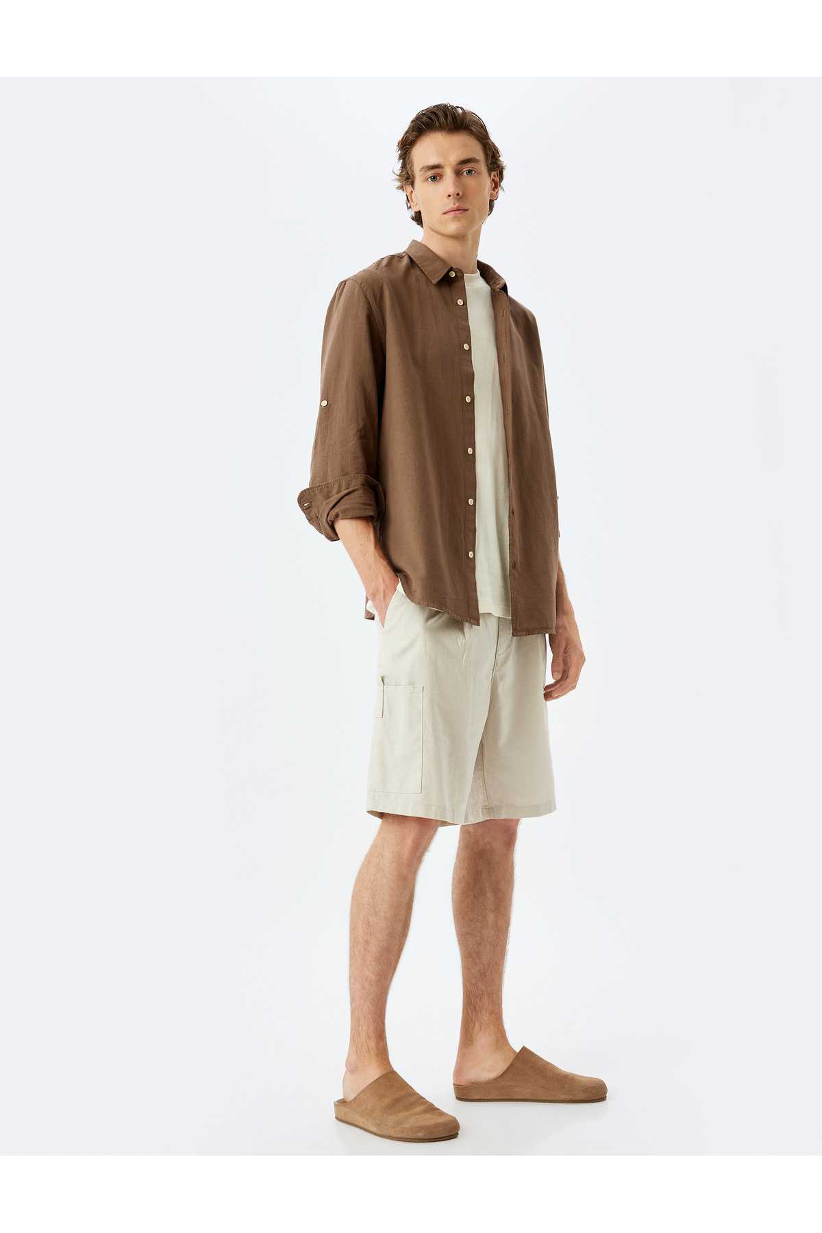 شلوارک ترکیبی کتانی برمودا چینو با جزئیات جیبی